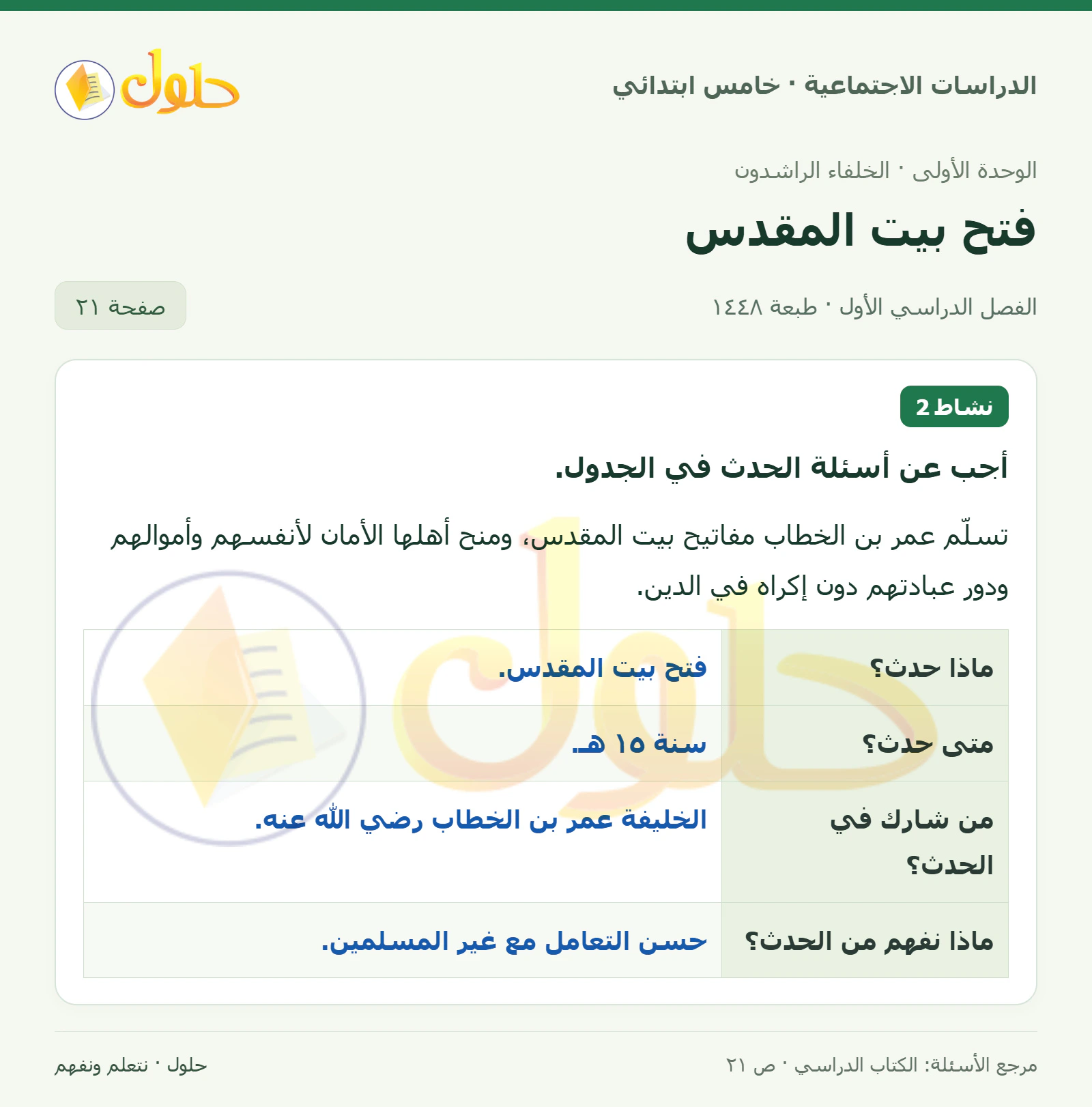 حل الدراسات الاجتماعية للصف الخامس الابتدائي، الفصل الدراسي الأول، صفحة ٢١، الجزء ١