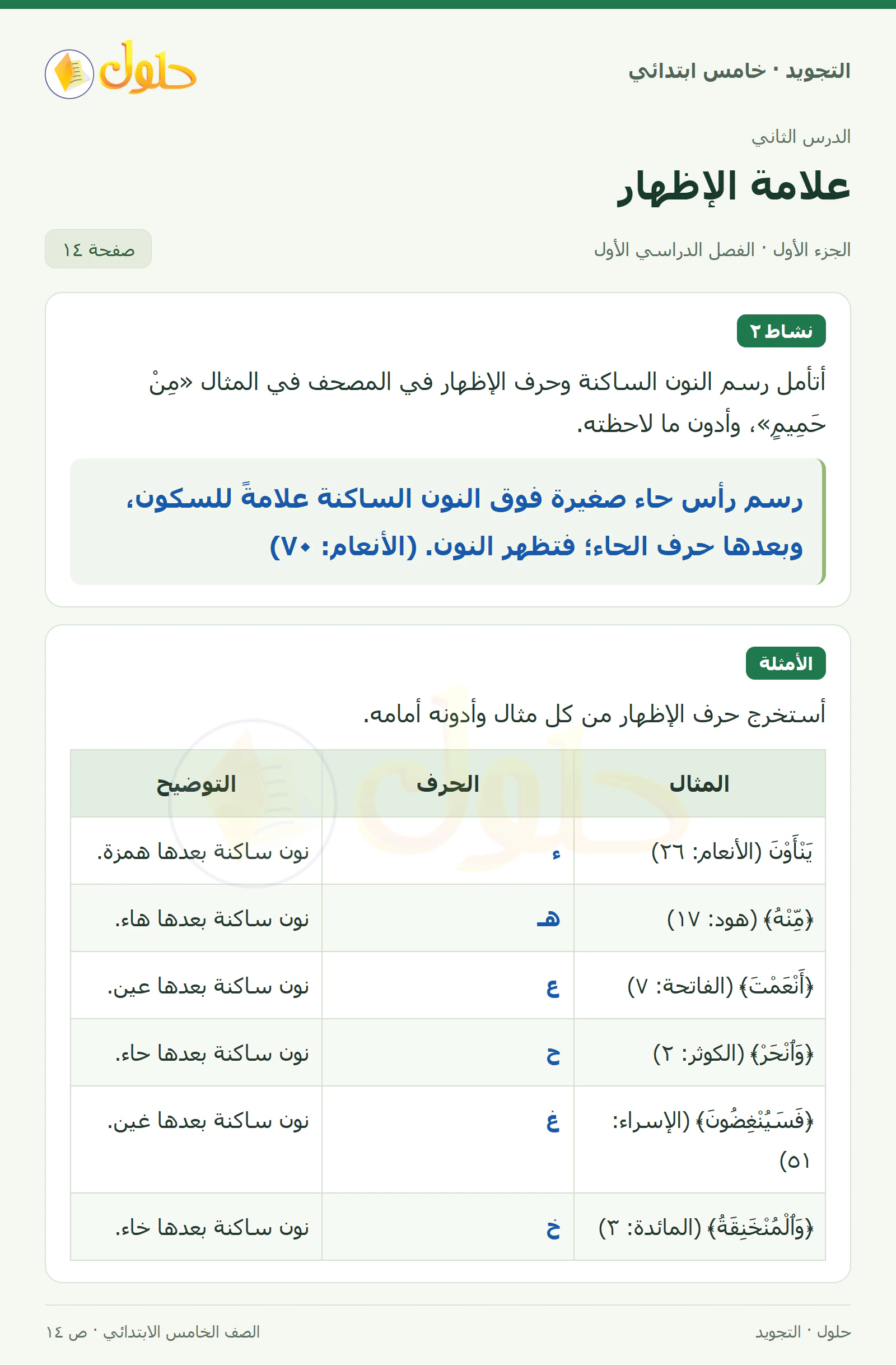 حل التجويد للصف الخامس الابتدائي، الفصل الدراسي الأول، الإظهار، صفحة ١٤، الجزء ١