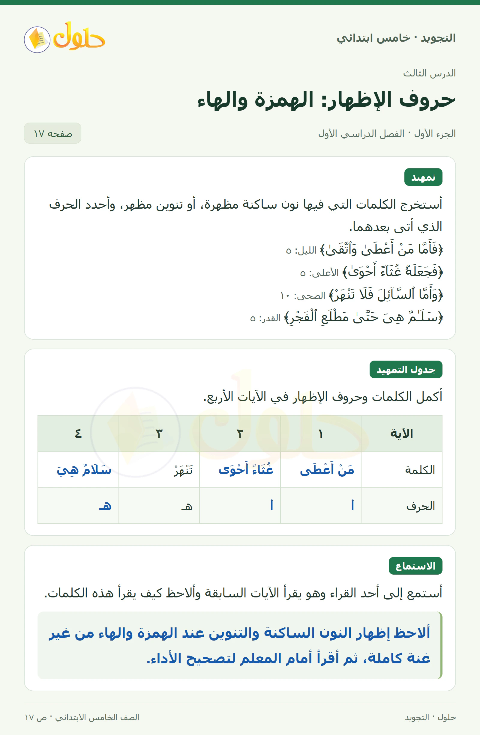 حل التجويد للصف الخامس الابتدائي، الفصل الدراسي الأول، حروف الإظهار: الهمزة والهاء، صفحة ١٧، الجزء ١