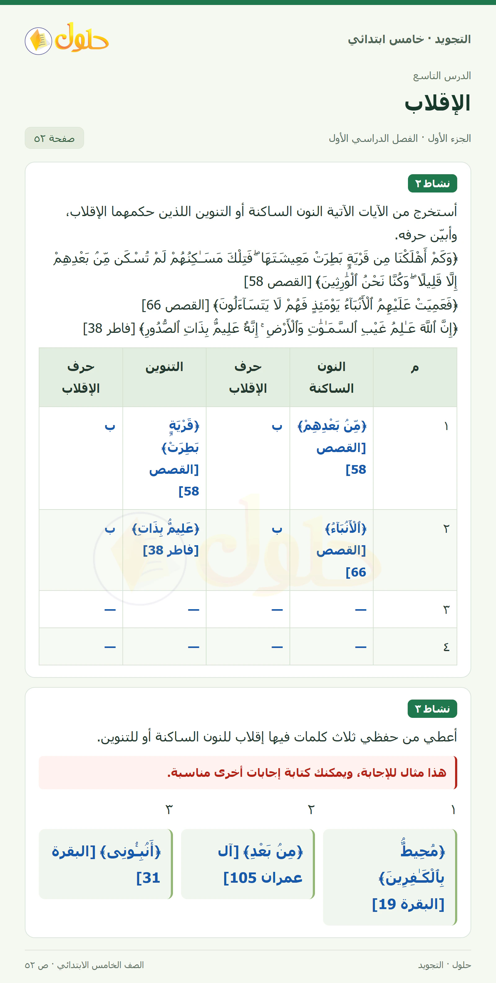 حل التجويد للصف الخامس الابتدائي، الفصل الدراسي الأول، الإقلاب، صفحة ٥٢، الجزء ١