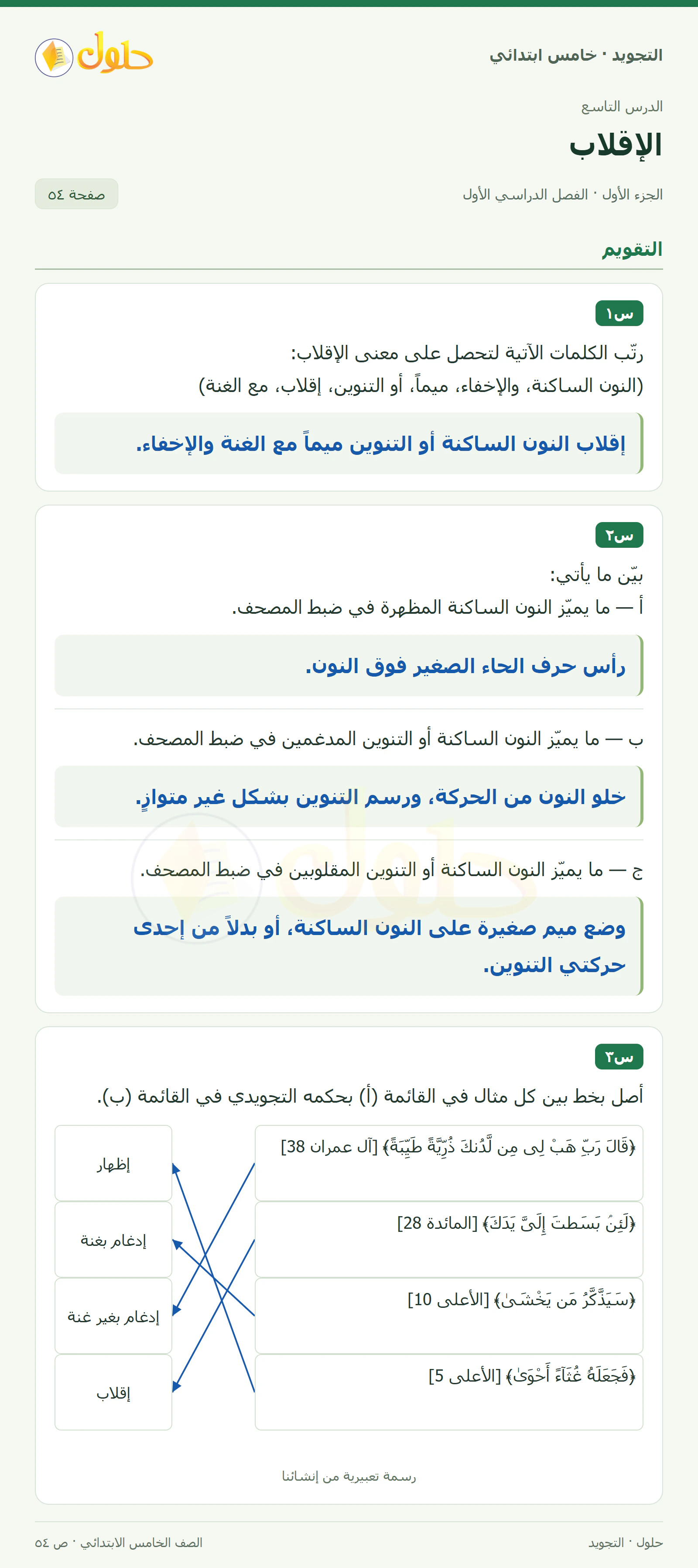 حل التجويد للصف الخامس الابتدائي، الفصل الدراسي الأول، الإقلاب، صفحة ٥٤، الجزء ١
