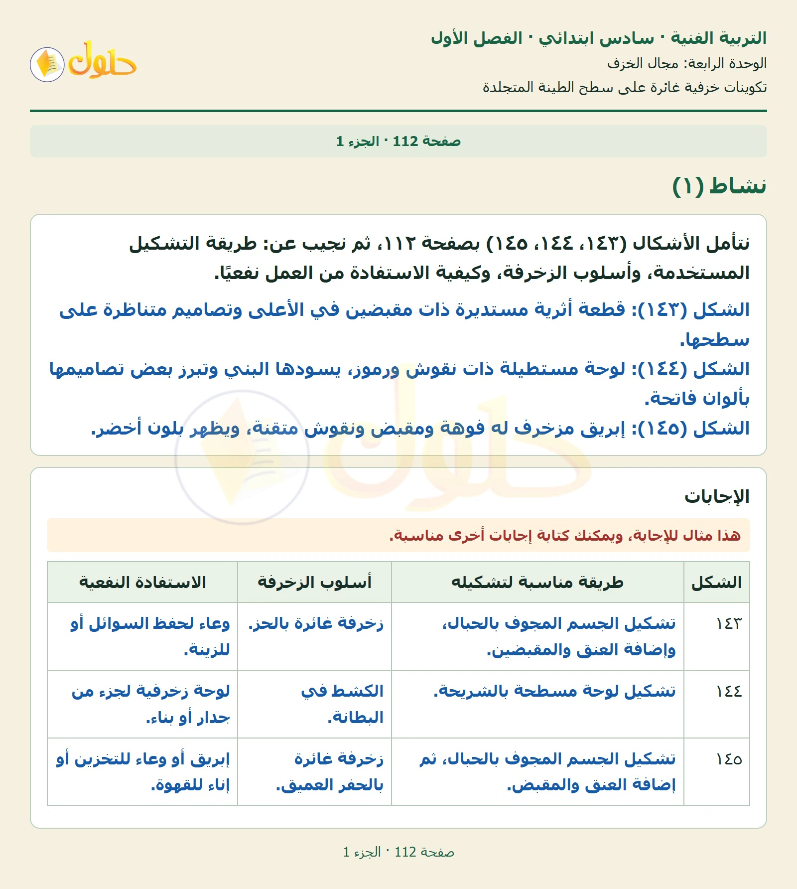 حل التربية الفنية للصف السادس الابتدائي صفحة 112 الجزء 1