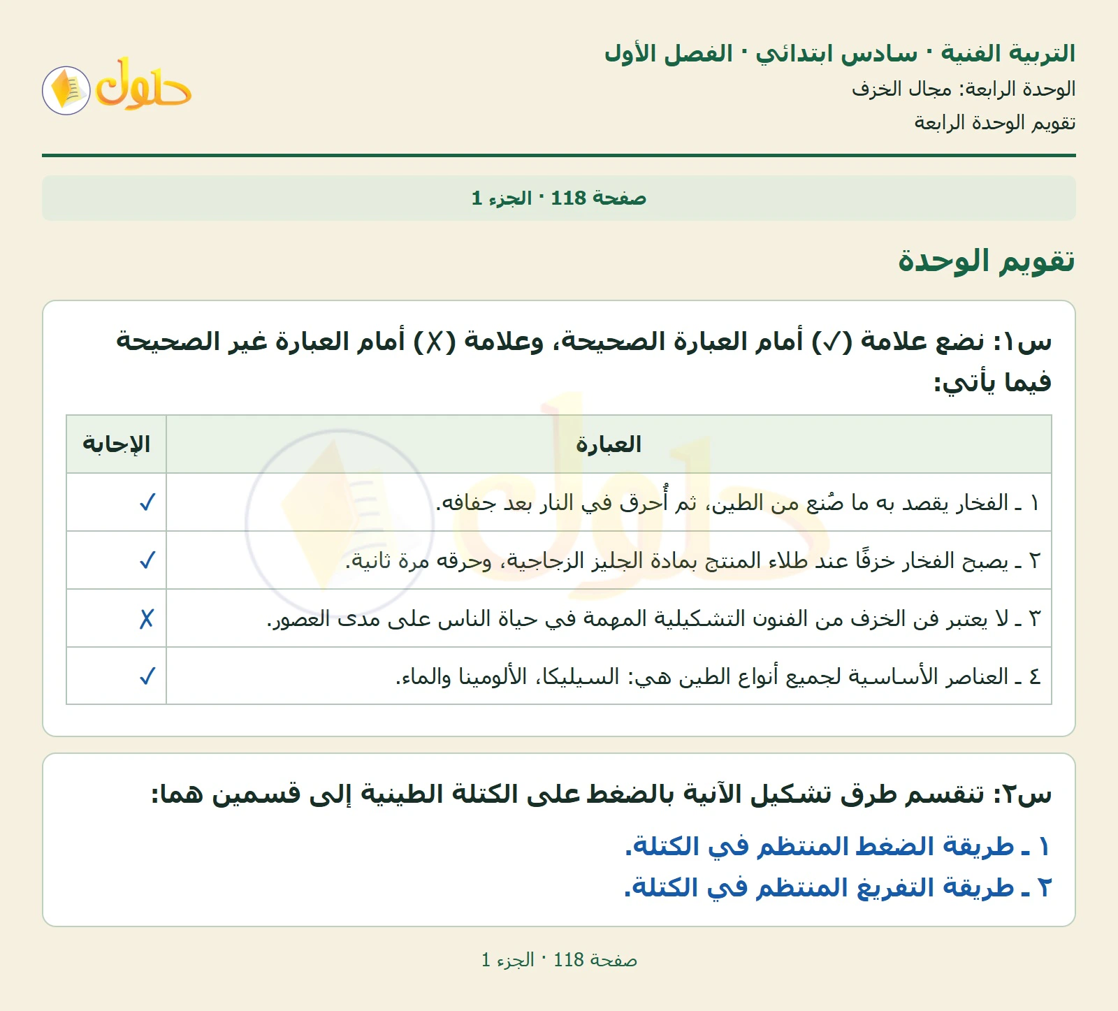 حل التربية الفنية للصف السادس الابتدائي صفحة 118 الجزء 1