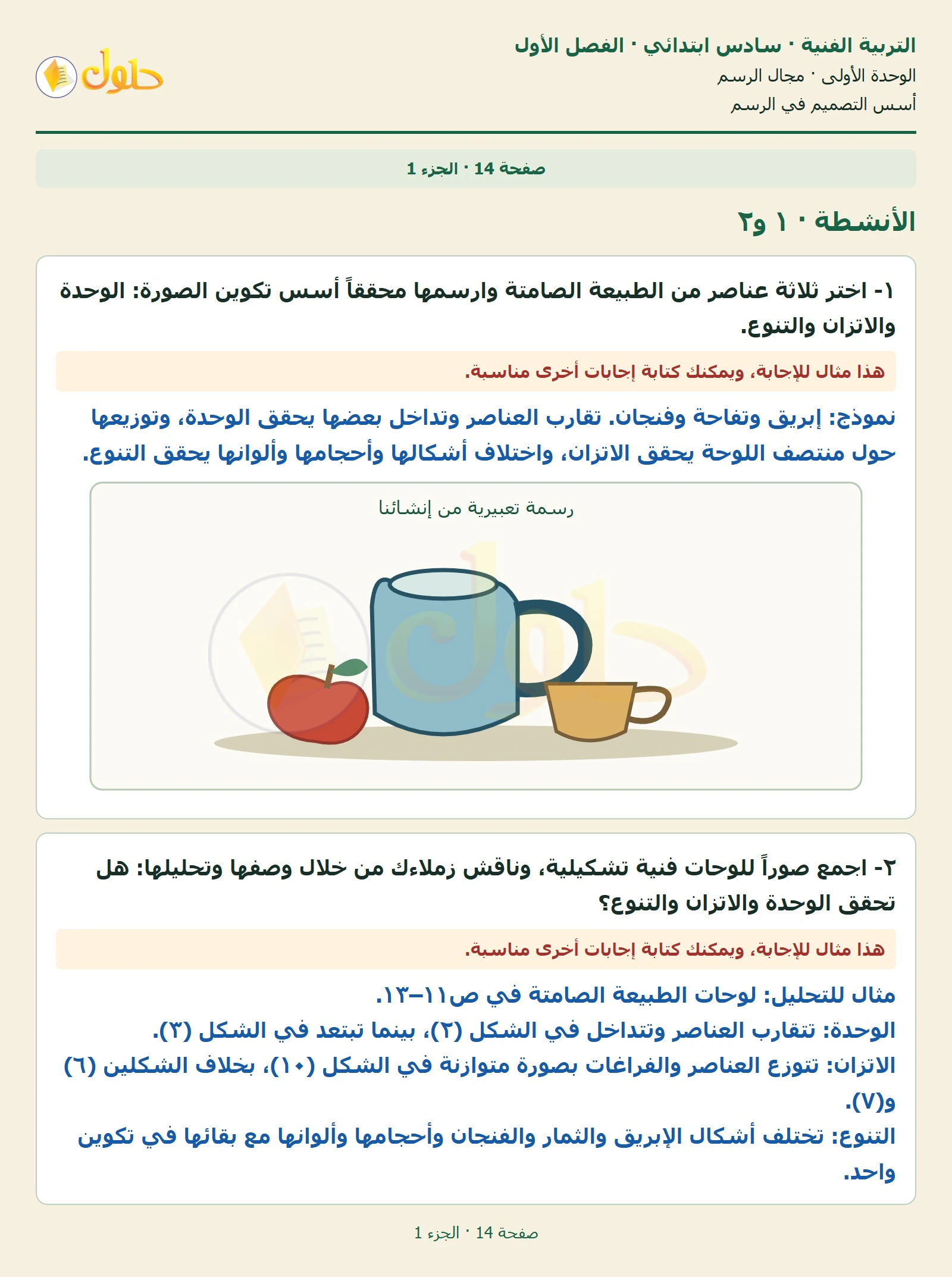 حل التربية الفنية للصف السادس الابتدائي صفحة 14 الجزء 1