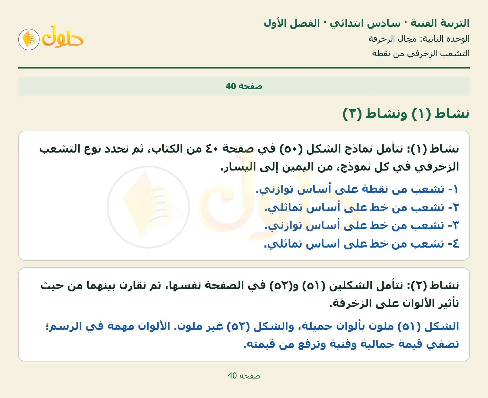 حل التربية الفنية للصف السادس الابتدائي صفحة 40 الجزء 1