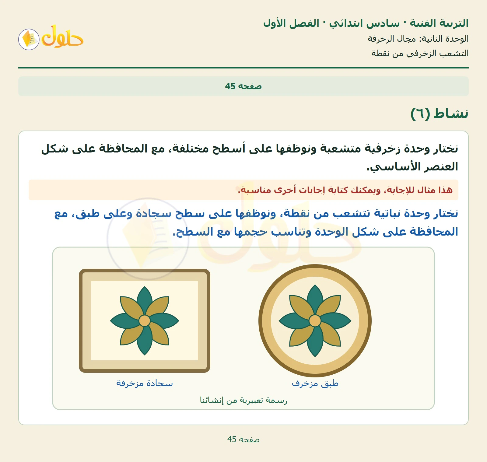 حل التربية الفنية للصف السادس الابتدائي صفحة 45 الجزء 1