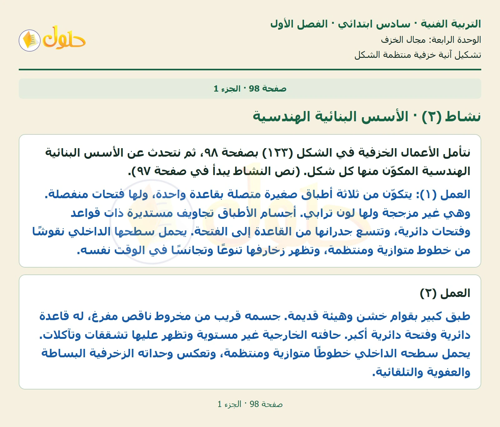 حل التربية الفنية للصف السادس الابتدائي صفحة 98 الجزء 1