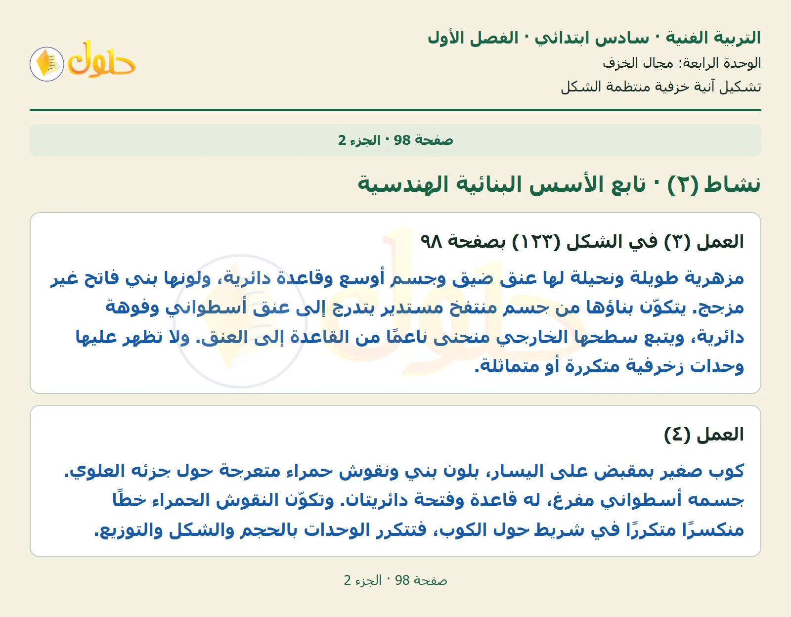 حل التربية الفنية للصف السادس الابتدائي صفحة 98 الجزء 2