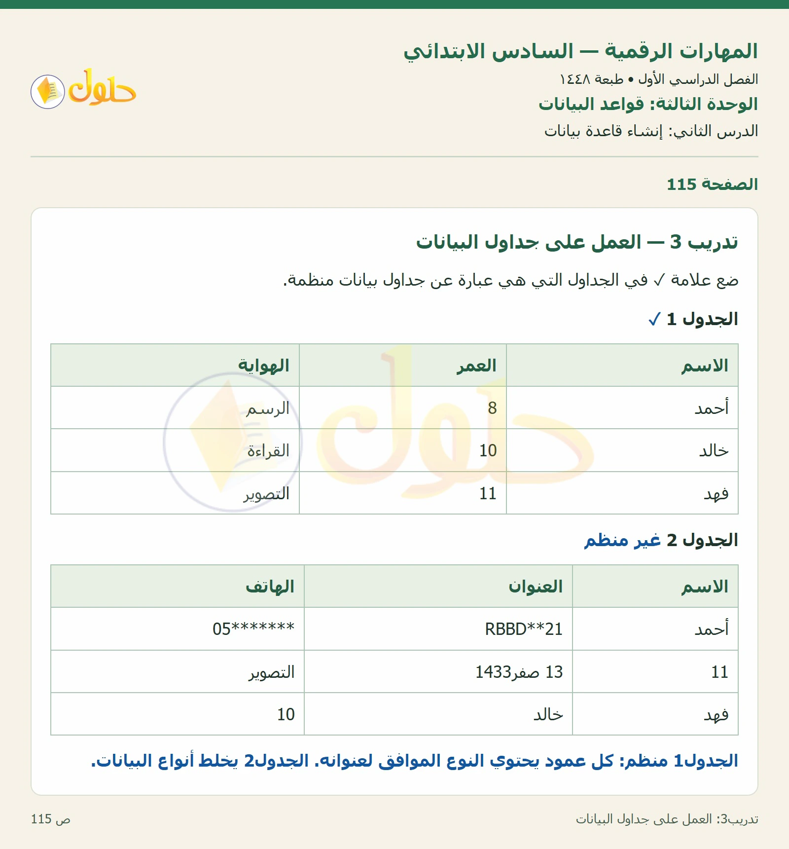 العمل على جداول البيانات صفحة ١١٥ — الجزء ١