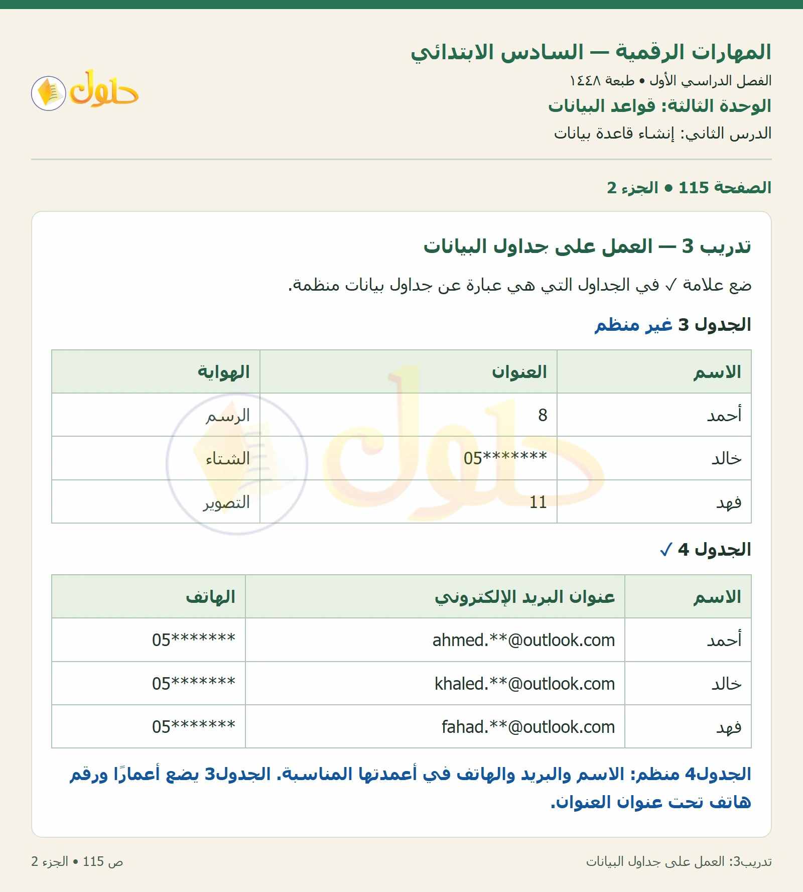 العمل على جداول البيانات صفحة ١١٥ — الجزء ٢