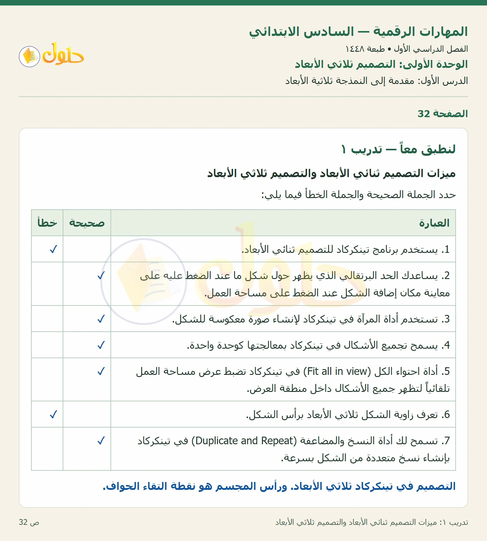 تدريب ١: ميزات التصميم ثنائي الأبعاد والتصميم ثلاثي الأبعاد صفحة ٣٢