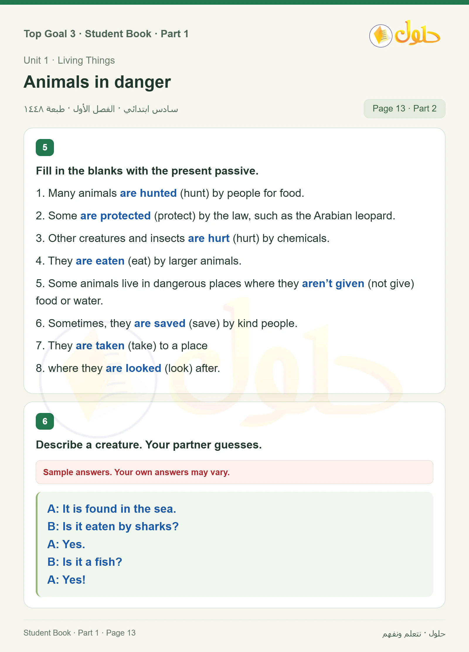 حل اللغة الإنجليزية للصف السادس الابتدائي صفحة ١٣ — الجزء ٢