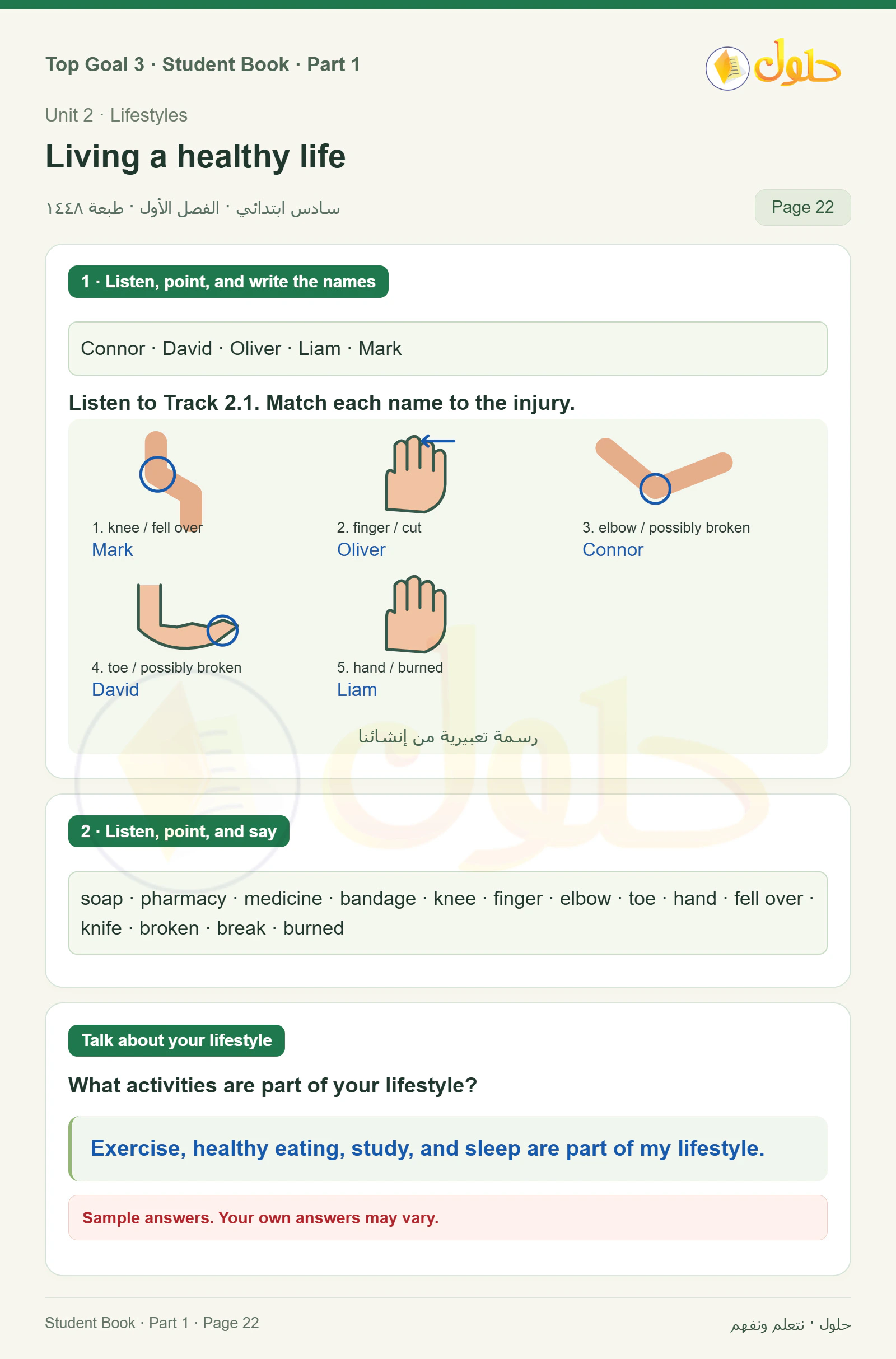 حل اللغة الإنجليزية للصف السادس الابتدائي صفحة ٢٢