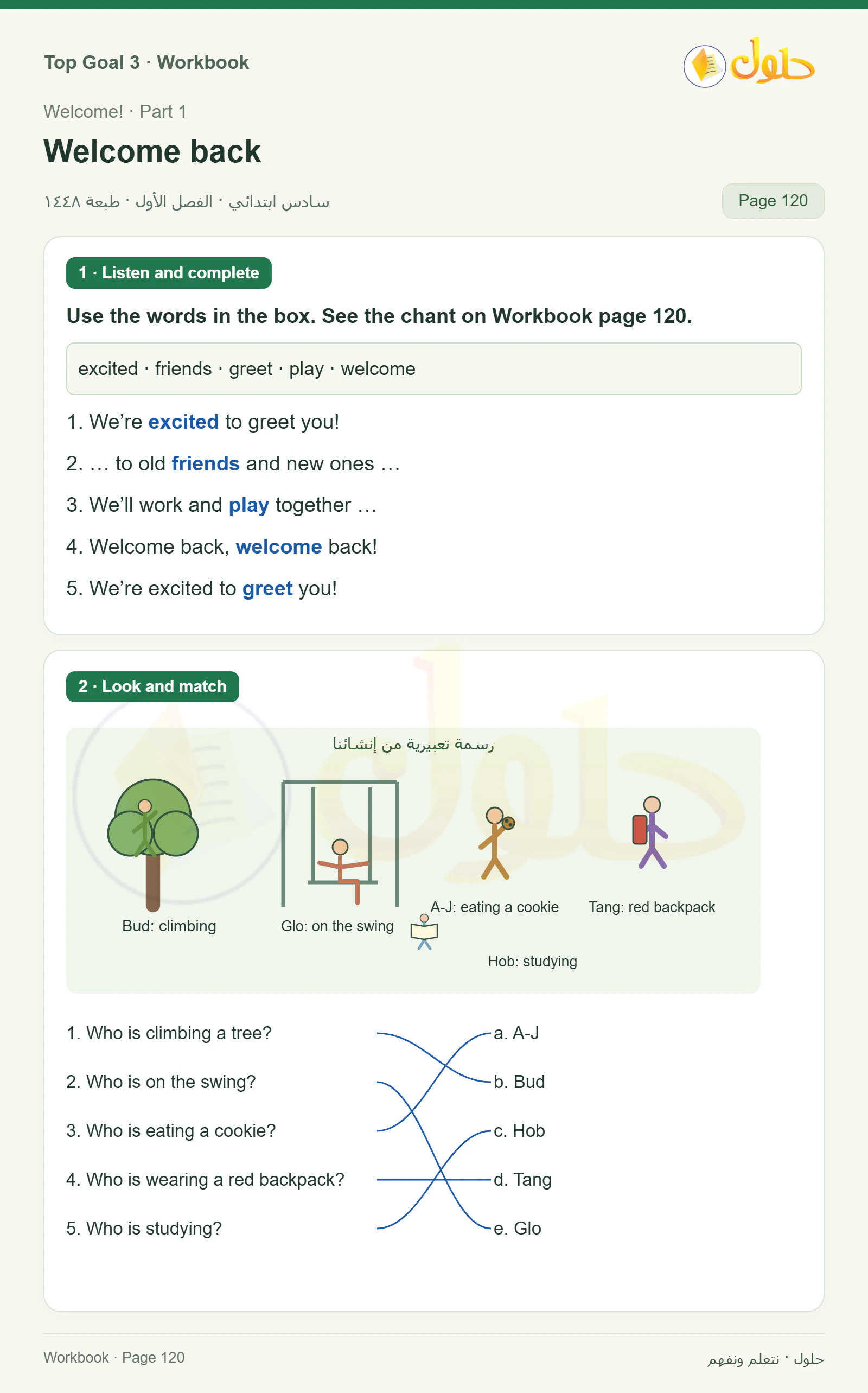 حل كتاب النشاط للغة الإنجليزية للصف السادس الابتدائي صفحة ١٢٠