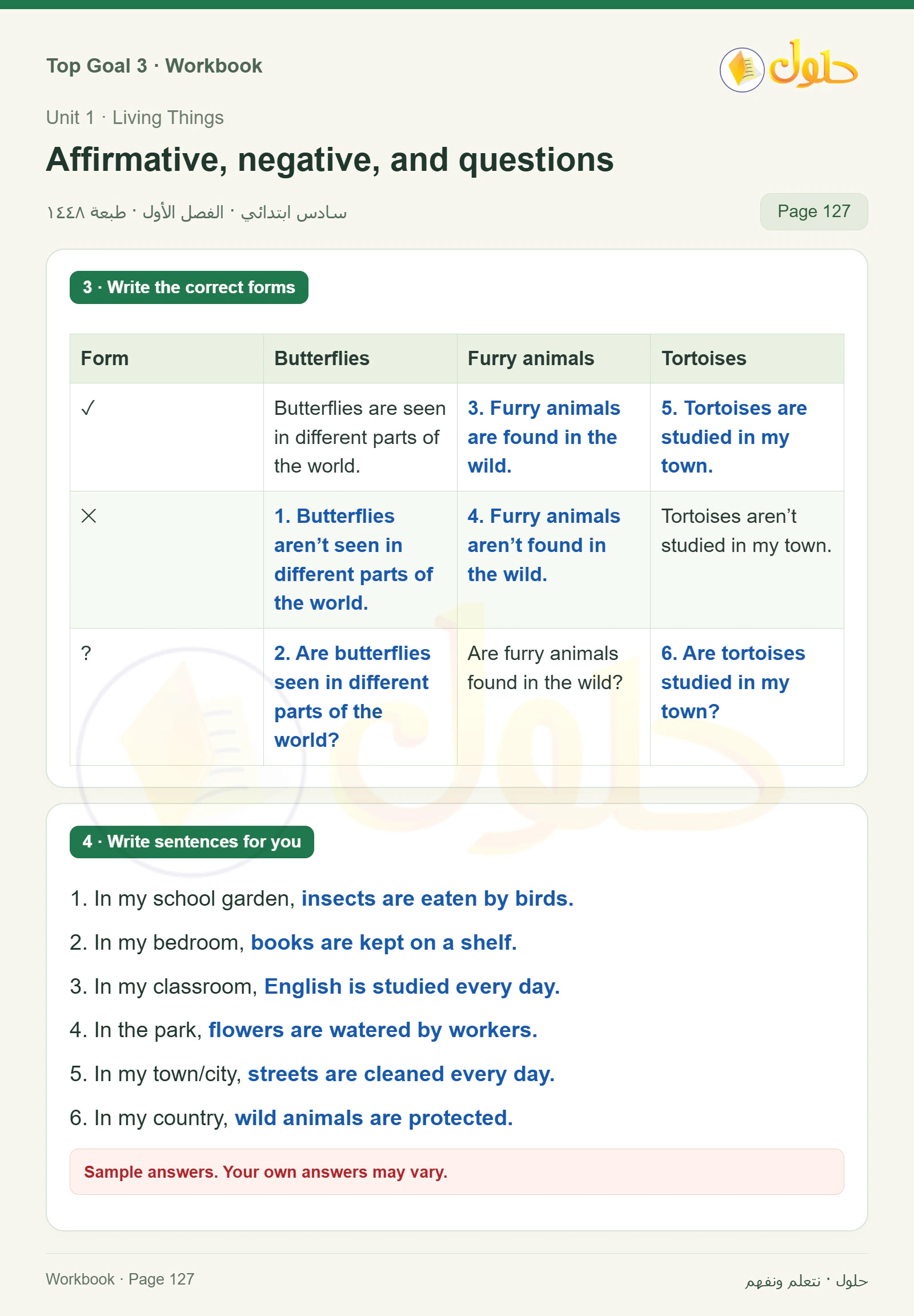 حل كتاب النشاط للغة الإنجليزية للصف السادس الابتدائي صفحة ١٢٧