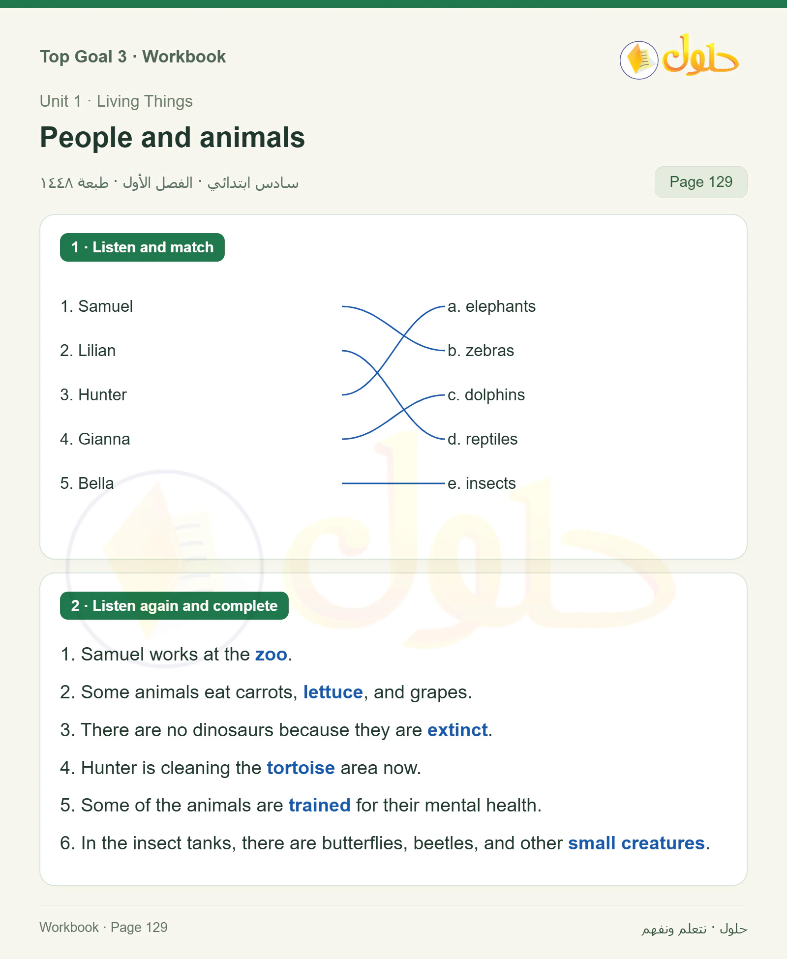 حل كتاب النشاط للغة الإنجليزية للصف السادس الابتدائي صفحة ١٢٩