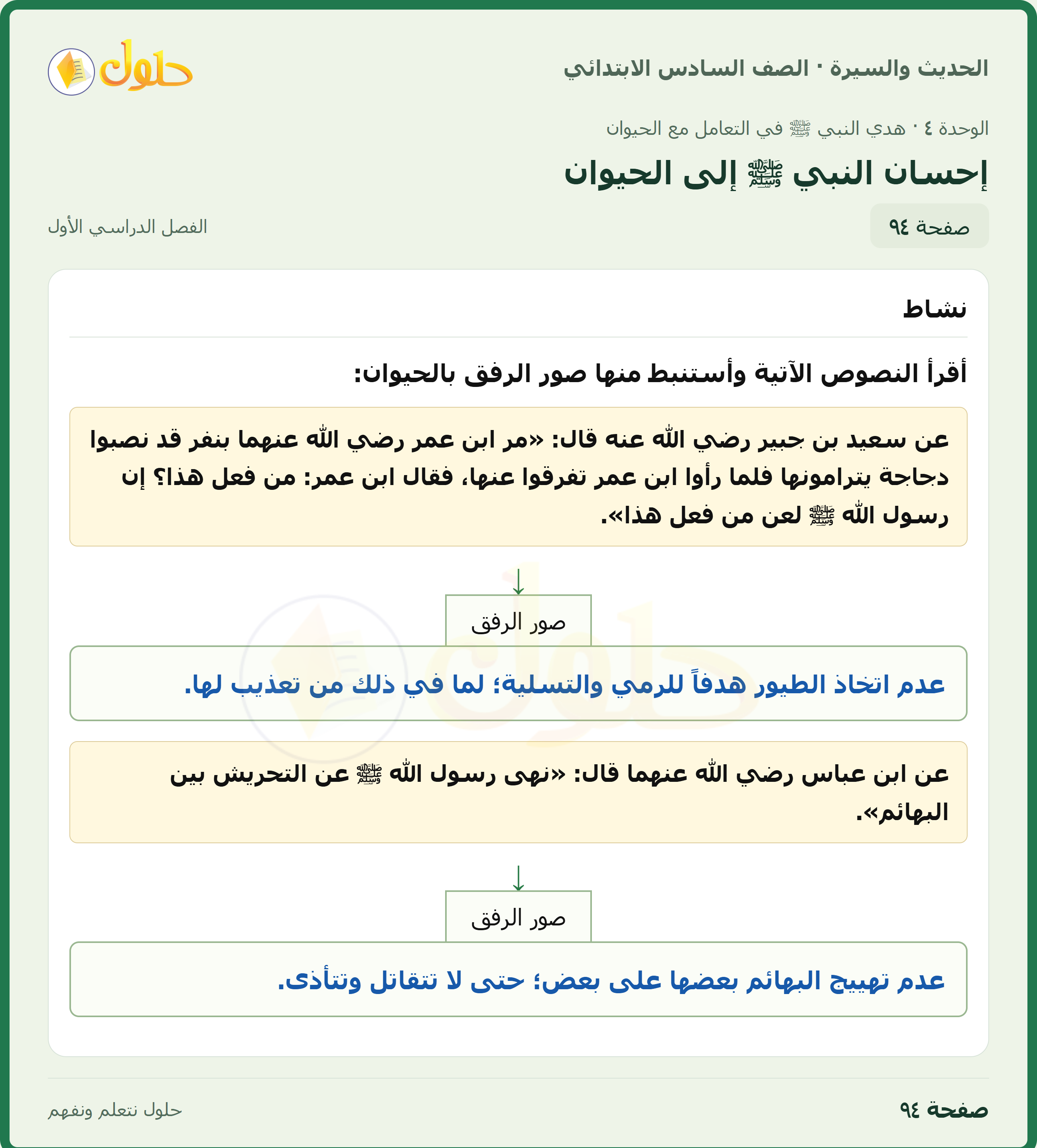 حل الدراسات الإسلامية — الحديث والسيرة للصف السادس الابتدائي، الفصل الدراسي الأول، صفحة ٩٤