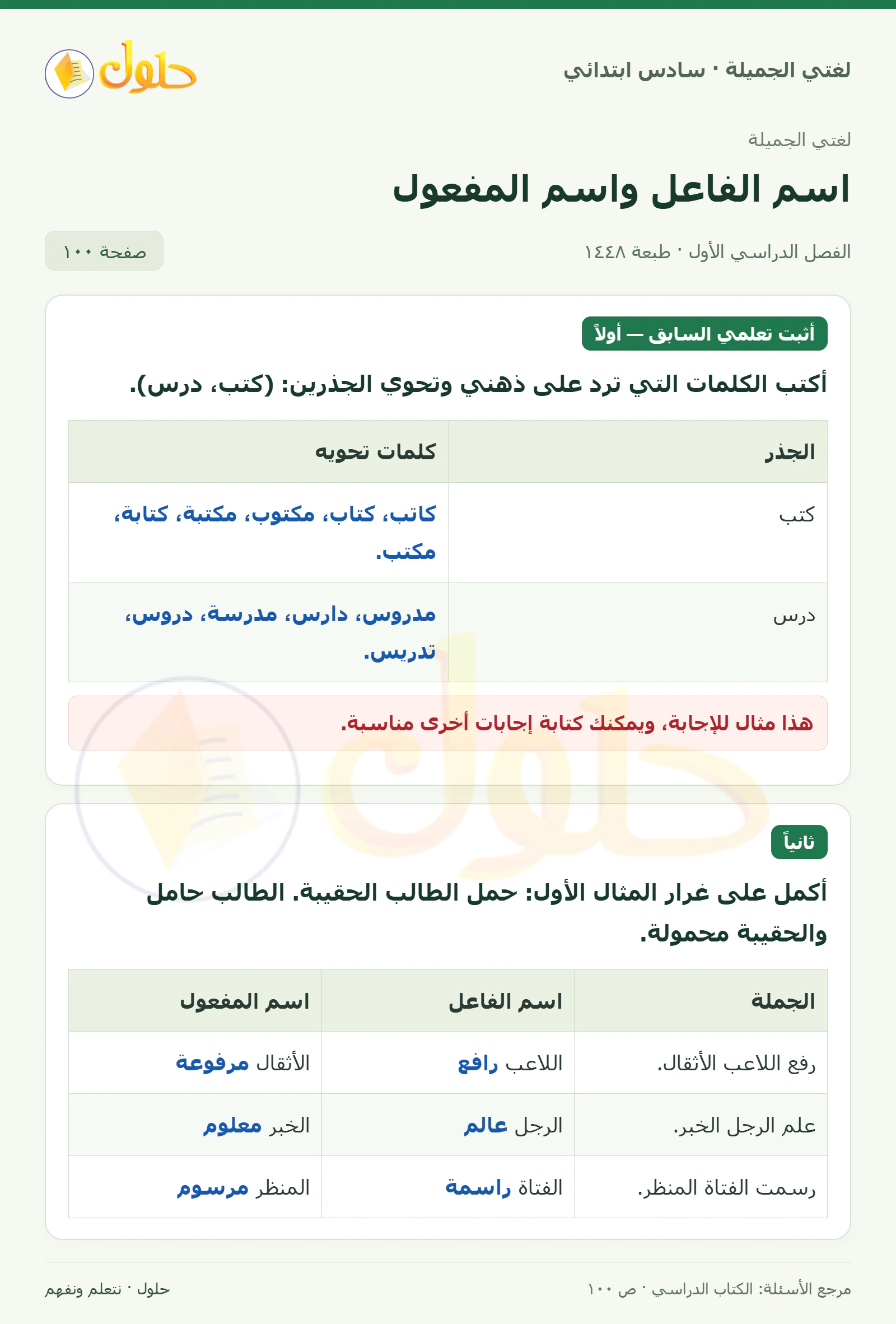 حل لغتي الجميلة للصف السادس الابتدائي صفحة 100: كلمات الجذرين، الجزء 1