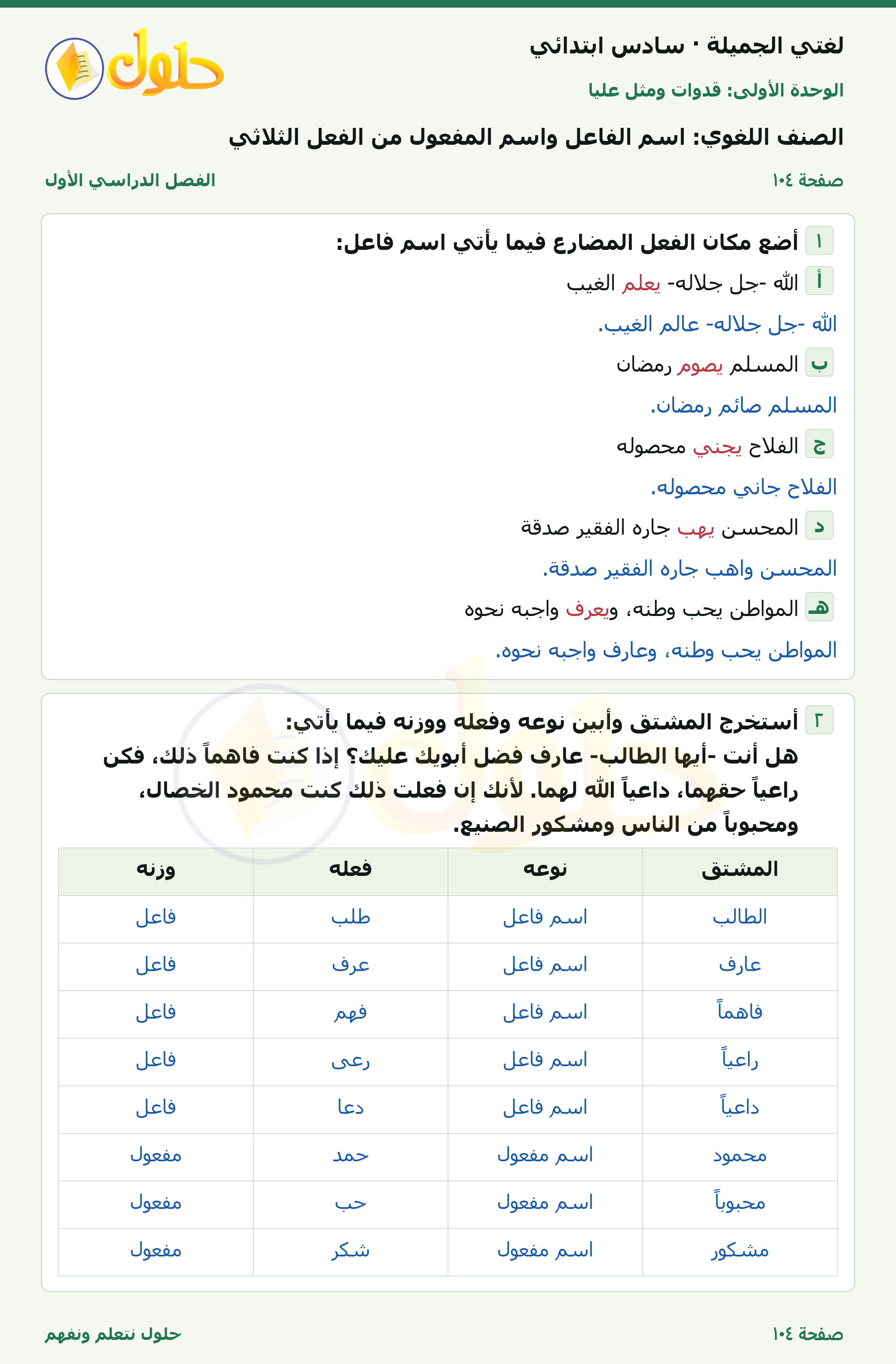 لغتي الجميلة للصف السادس الابتدائي صفحة 104