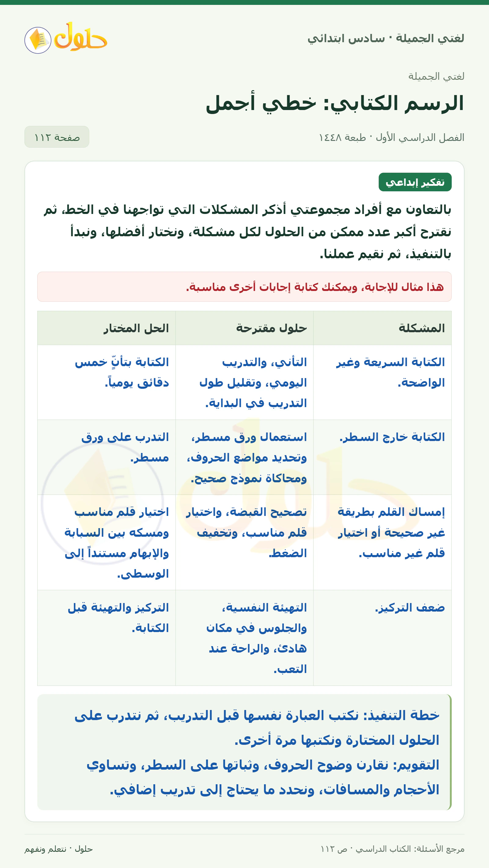 حل لغتي الجميلة للصف السادس الابتدائي صفحة 112: أذكر مشكلات الخط وأقترح حلولا لها