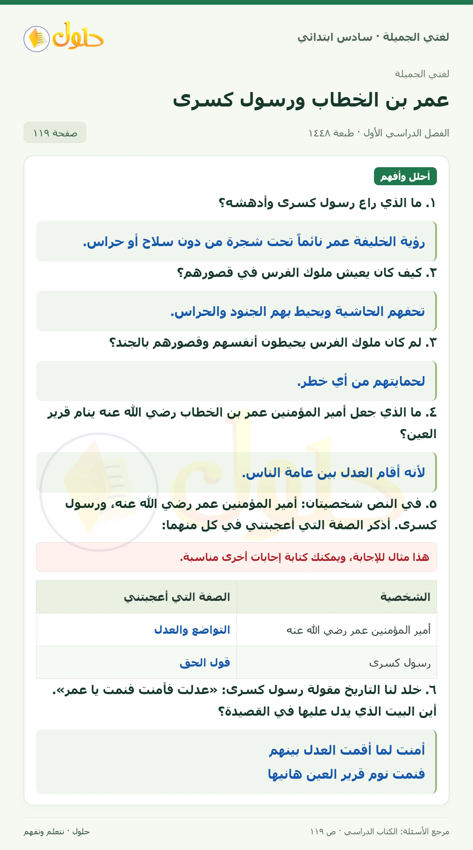 حل لغتي الجميلة للصف السادس الابتدائي صفحة 119: ما راع رسول كسرى