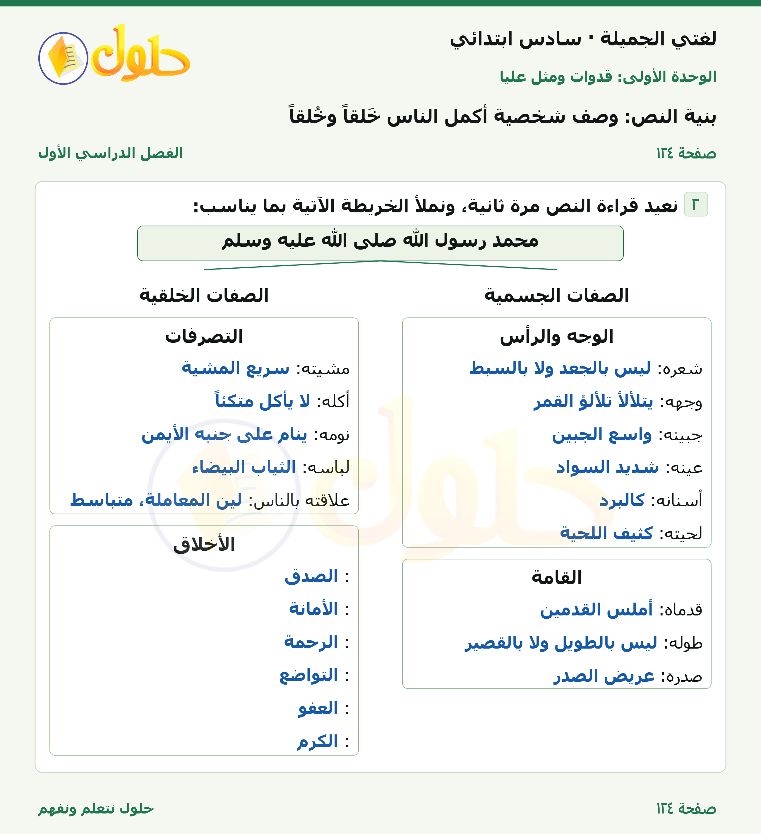 لغتي الجميلة للصف السادس الابتدائي صفحة 124