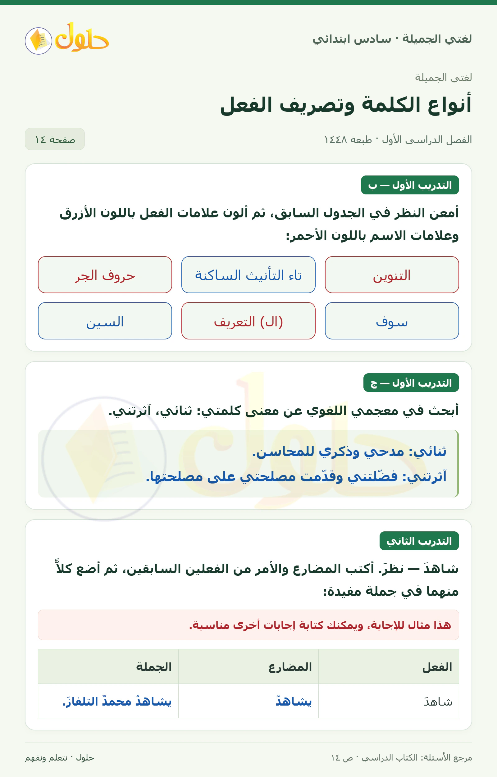 حل لغتي الجميلة للصف السادس الابتدائي صفحة 14: علامات الاسم والفعل