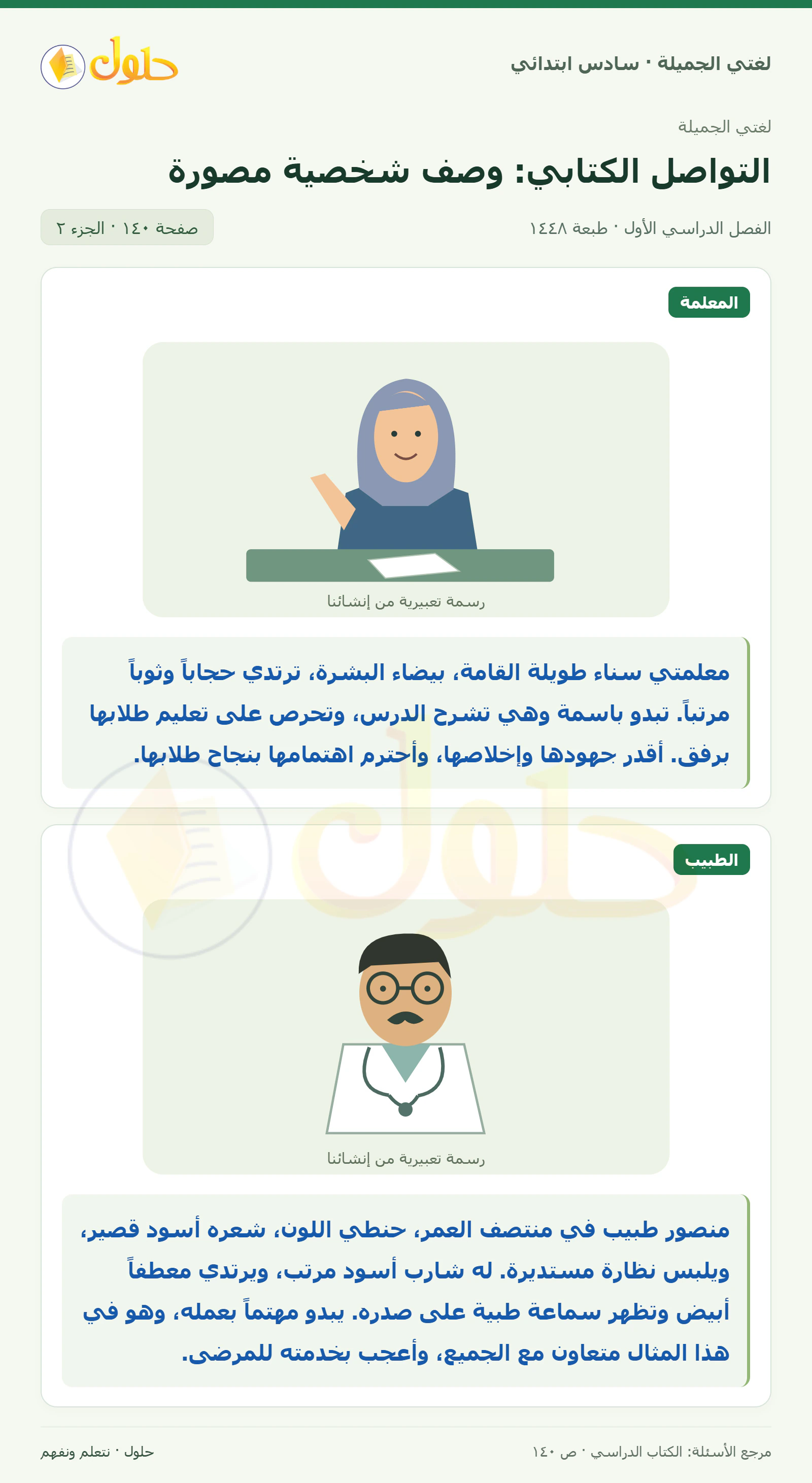 حل لغتي الجميلة للصف السادس الابتدائي صفحة 140: أصف إحدى شخصيات الصور وأختم بسلوكها ورأيي، الجزء 2