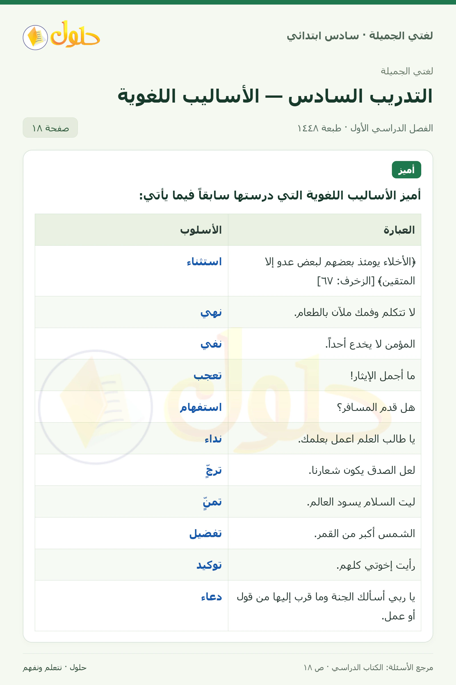 حل لغتي الجميلة للصف السادس الابتدائي صفحة 18: أميز الأساليب اللغوية التي درستها سابقا