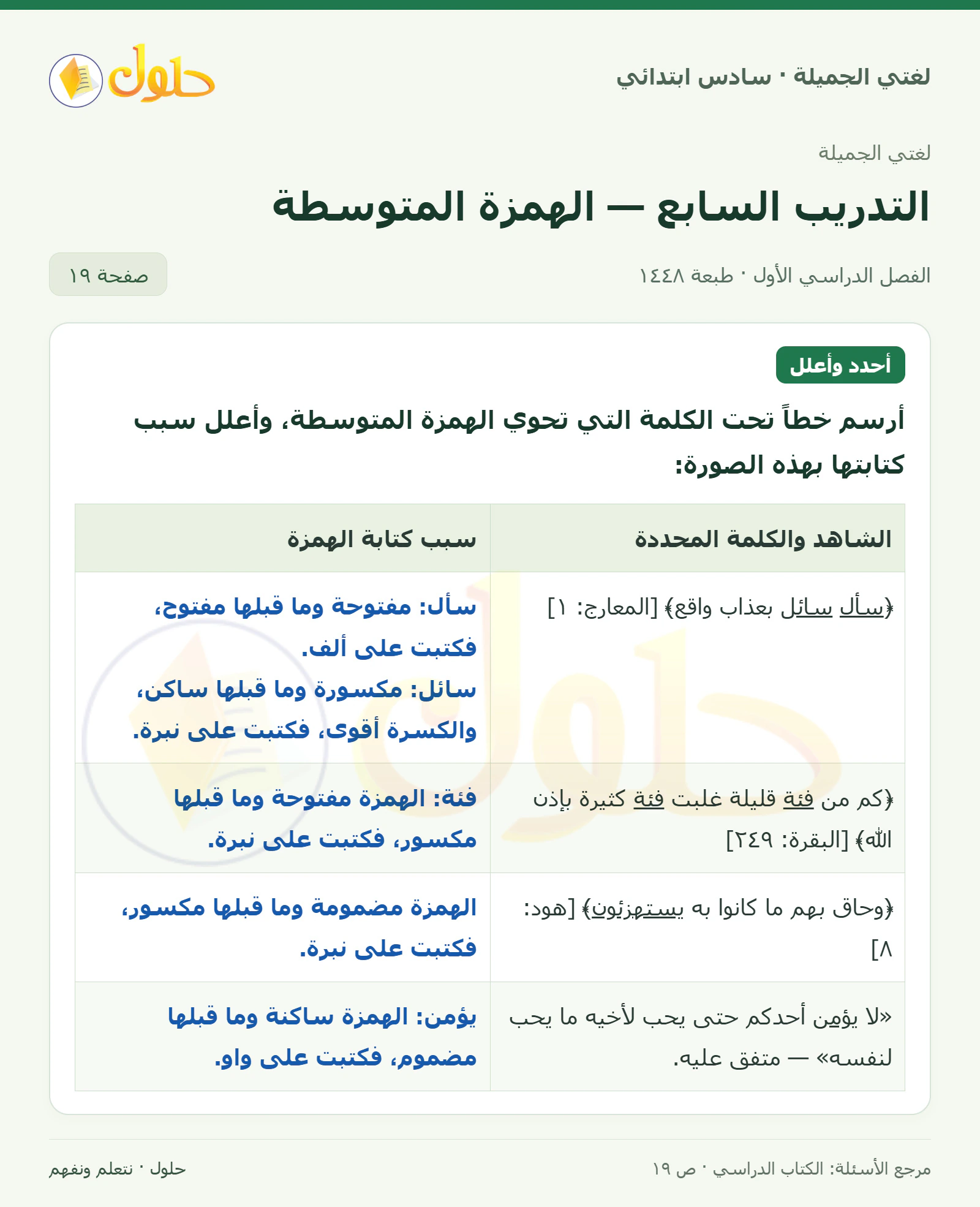 حل لغتي الجميلة للصف السادس الابتدائي صفحة 19: أرسم خطا تحت الكلمة التي فيها همزة متوسطة وأعلل