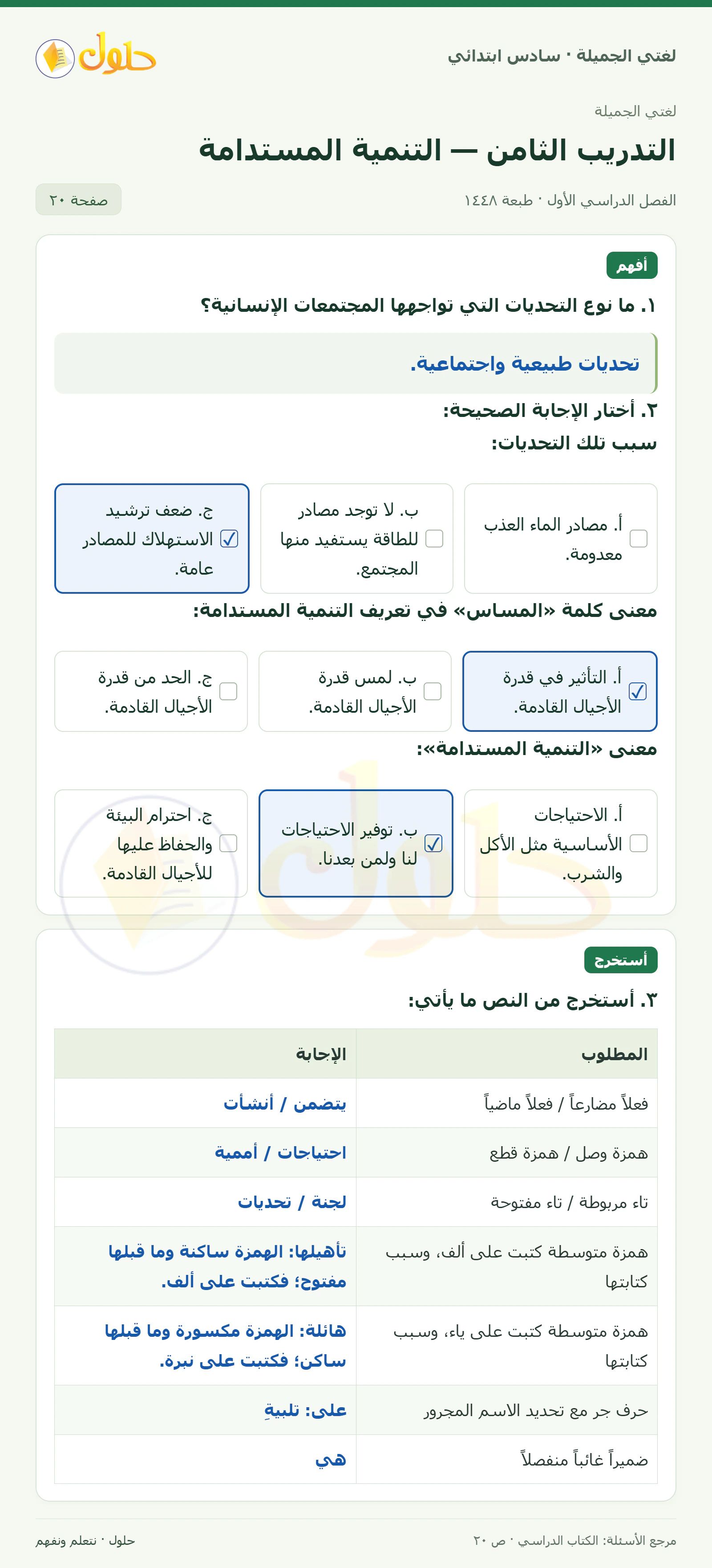 حل لغتي الجميلة للصف السادس الابتدائي صفحة 20: ما نوع التحديات التي تواجهها المجتمعات الإنسانية