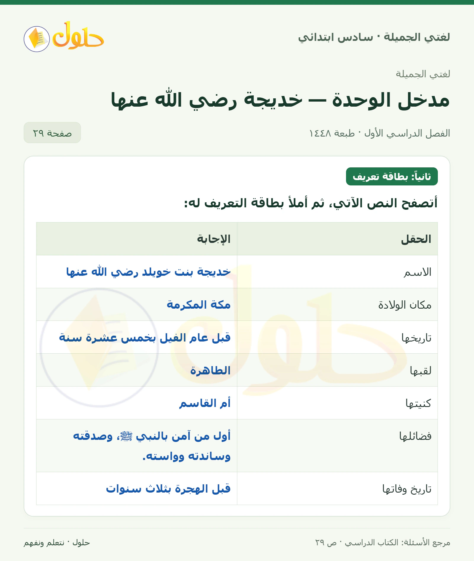 حل لغتي الجميلة للصف السادس الابتدائي صفحة 29: أتصفح النص الآتي ثم أملأ بطاقة التعريف له