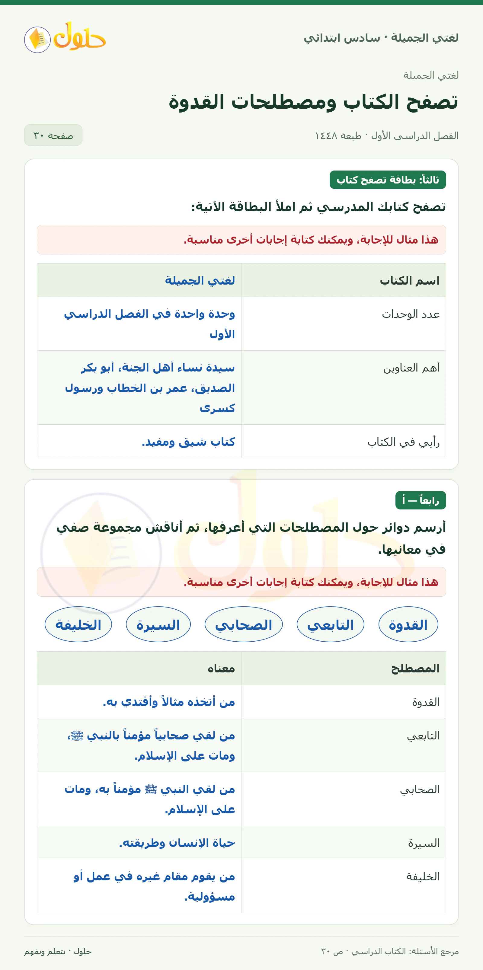 حل لغتي الجميلة للصف السادس الابتدائي صفحة 30: بطاقة تصفح الكتاب