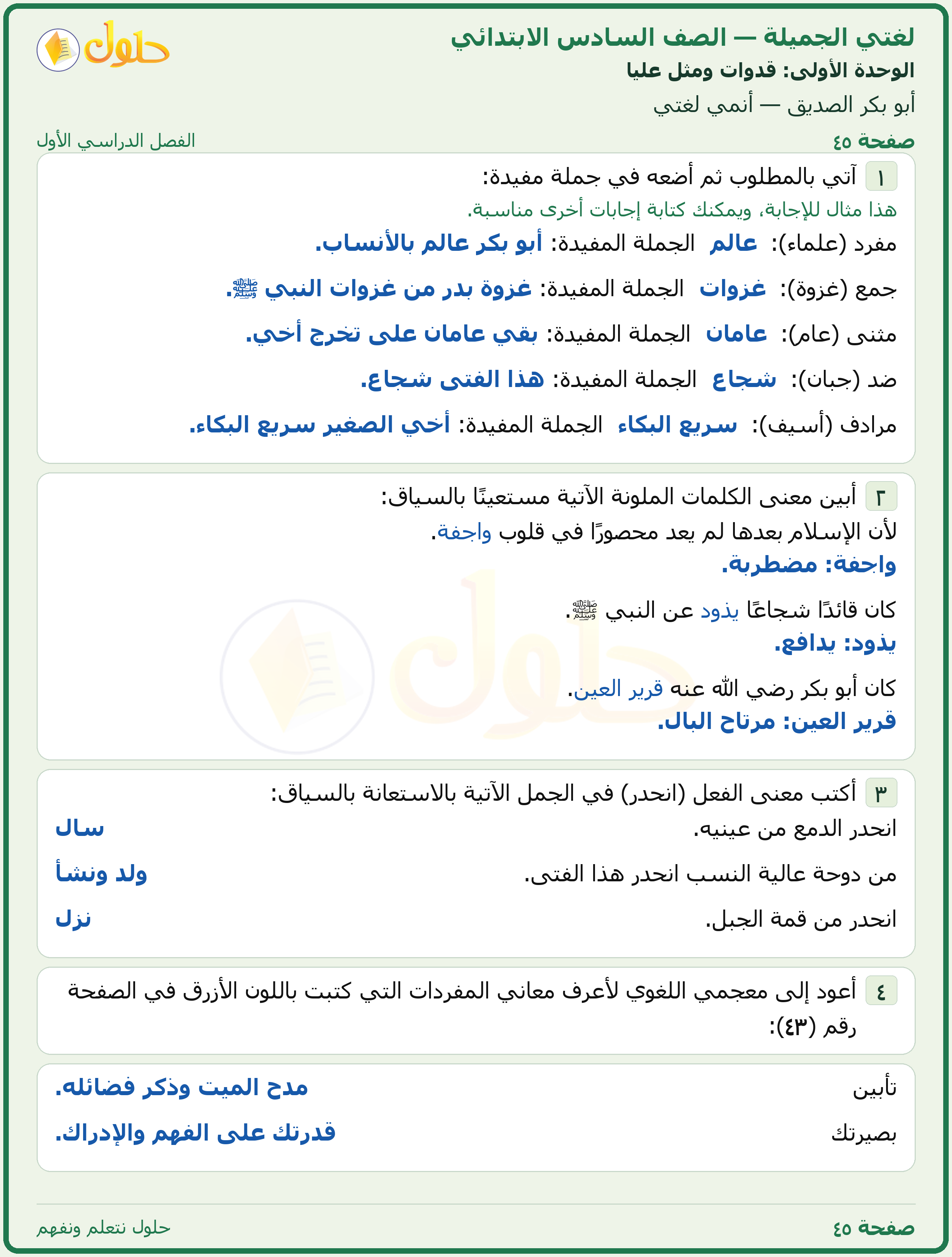 لغتي الجميلة للصف السادس الابتدائي صفحة 45