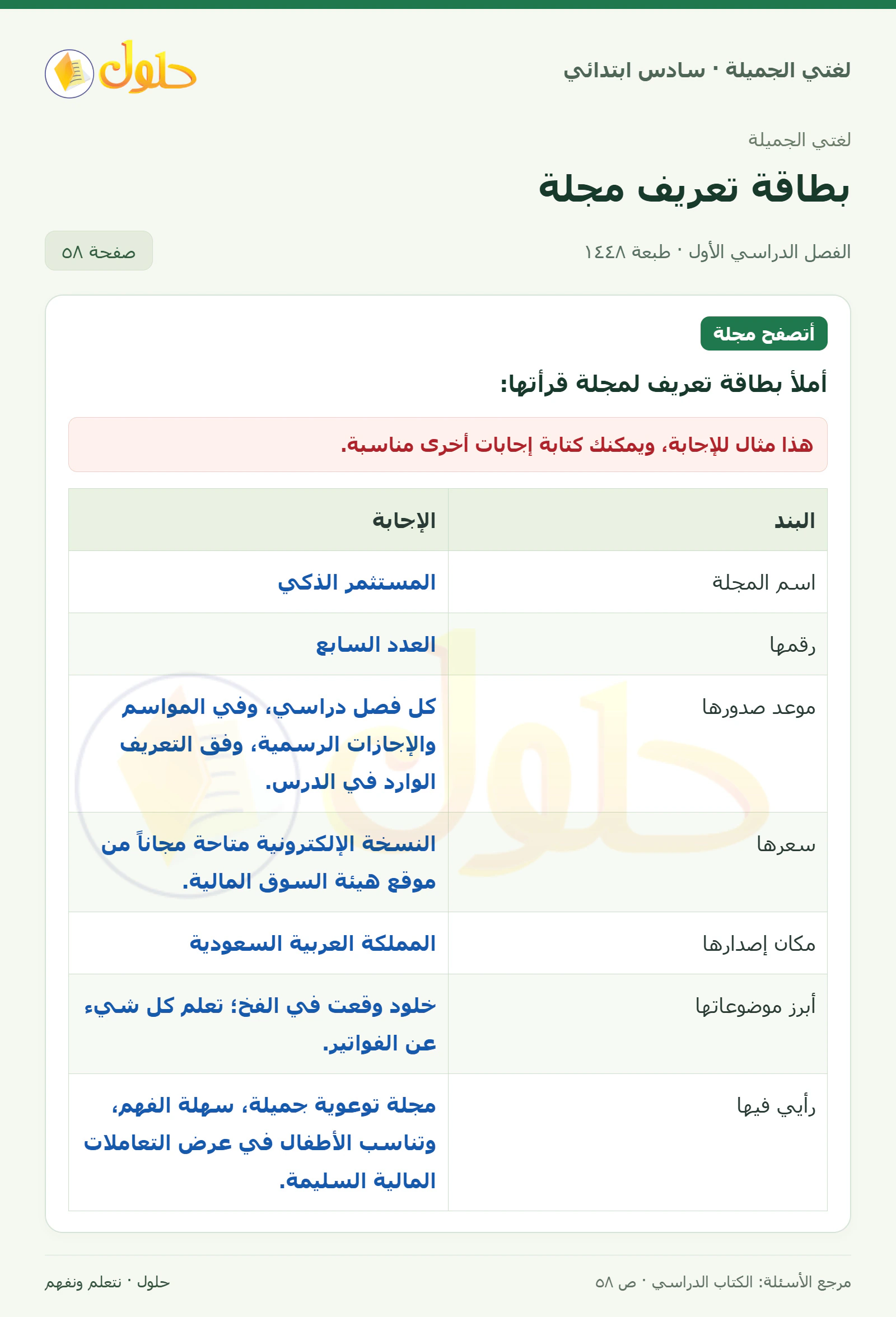 حل لغتي الجميلة للصف السادس الابتدائي صفحة 58: بطاقة تعريف لمجلة قرأتها المستثمر الذكي