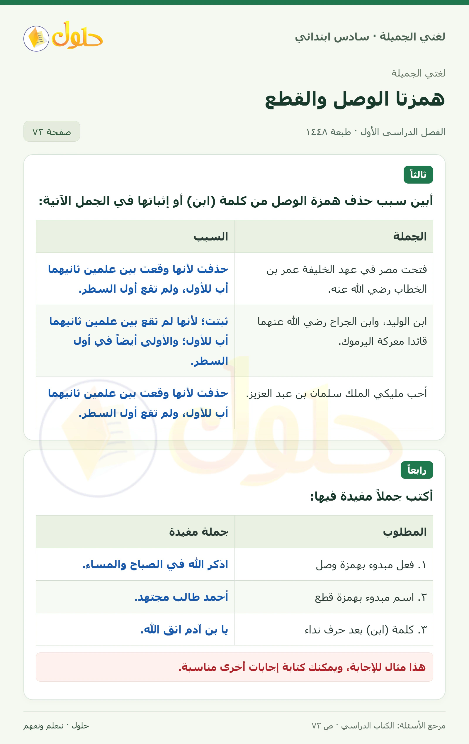 حل لغتي الجميلة للصف السادس الابتدائي صفحة 72: سبب حذف ابن أو إثباتها، الجزء 1