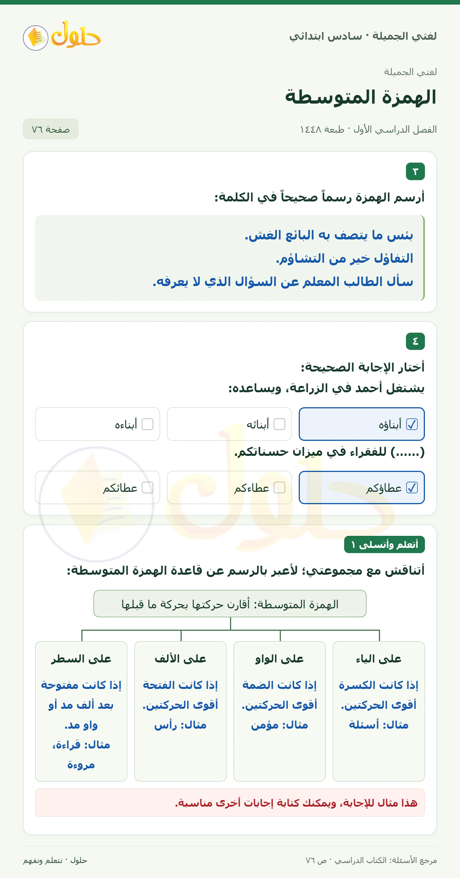 حل لغتي الجميلة للصف السادس الابتدائي صفحة 76: رسم الهمزة في الكلمات