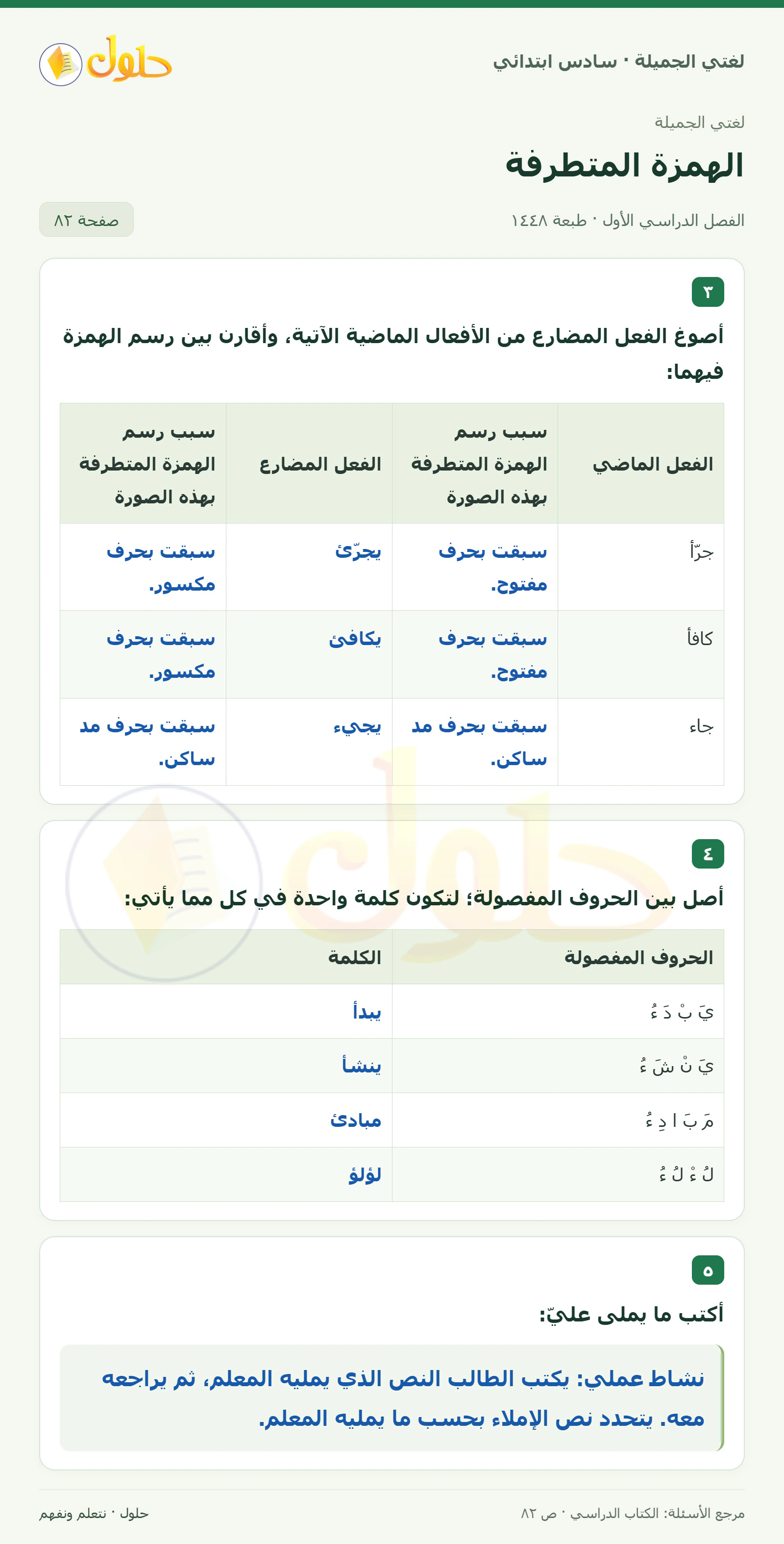 حل لغتي الجميلة للصف السادس الابتدائي صفحة 82: صياغة المضارع ومقارنة الهمزة