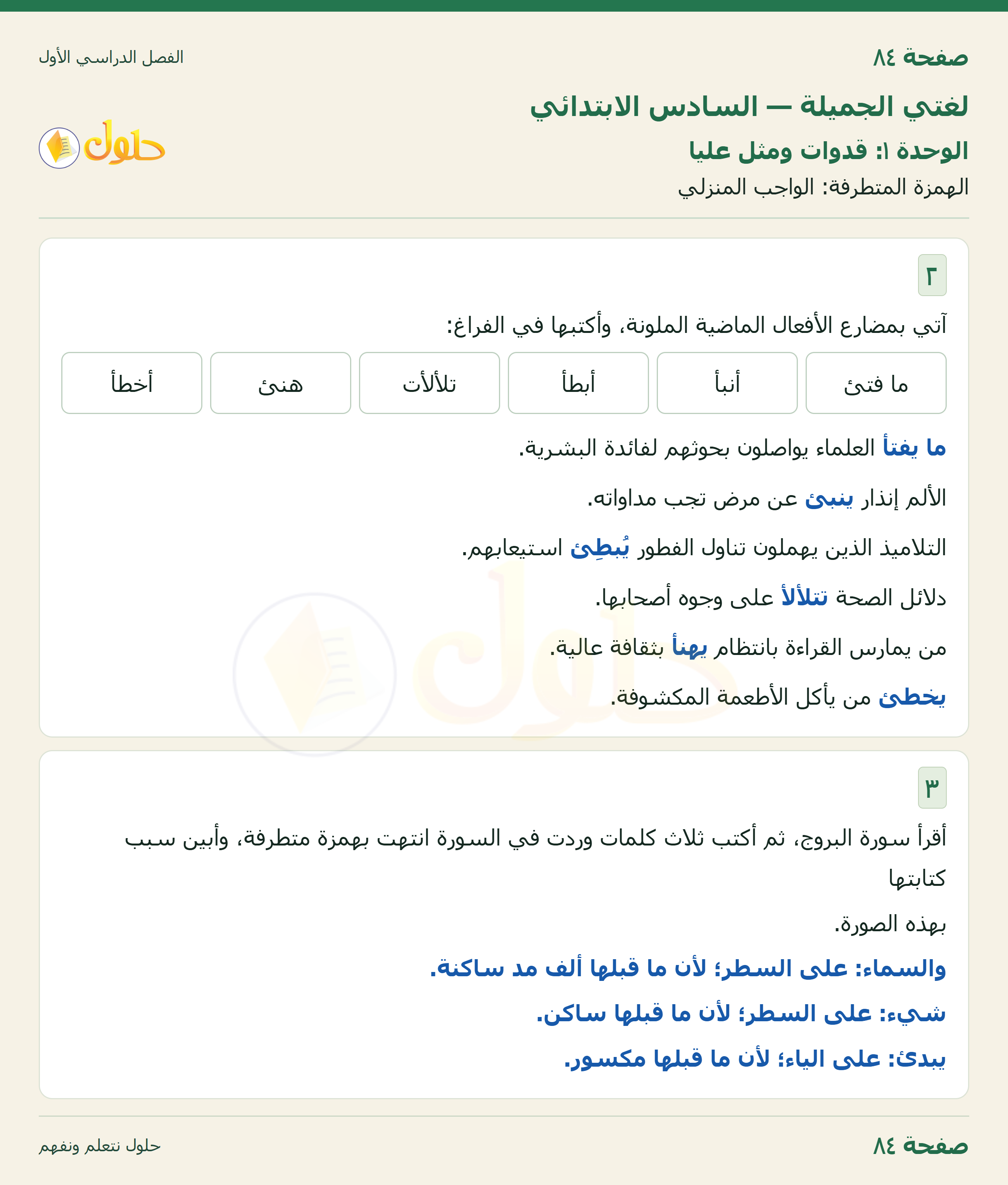 لغتي الجميلة للصف السادس الابتدائي صفحة 84
