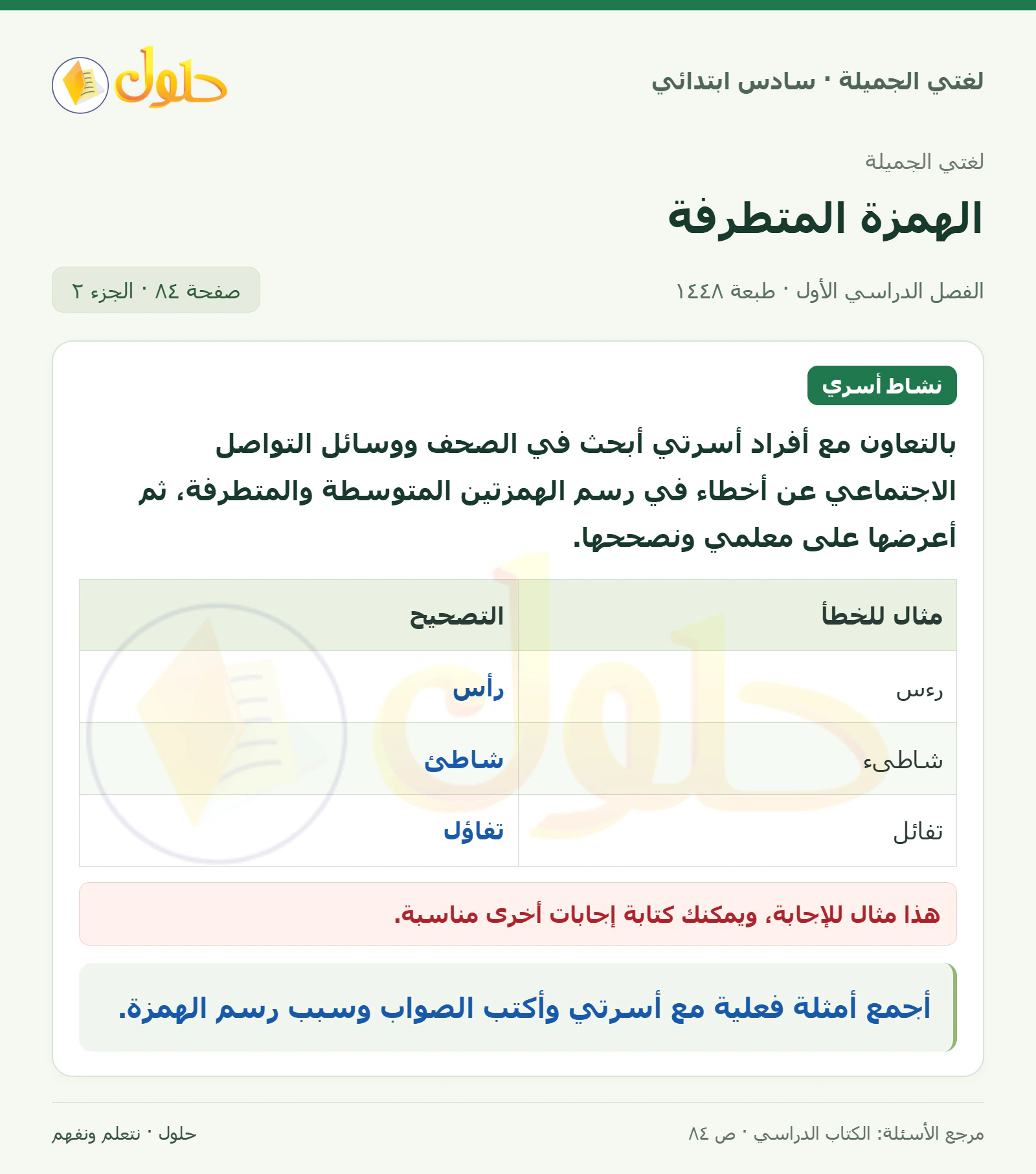 حل لغتي الجميلة للصف السادس الابتدائي صفحة 84: مضارع الأفعال الملونة، الجزء 2