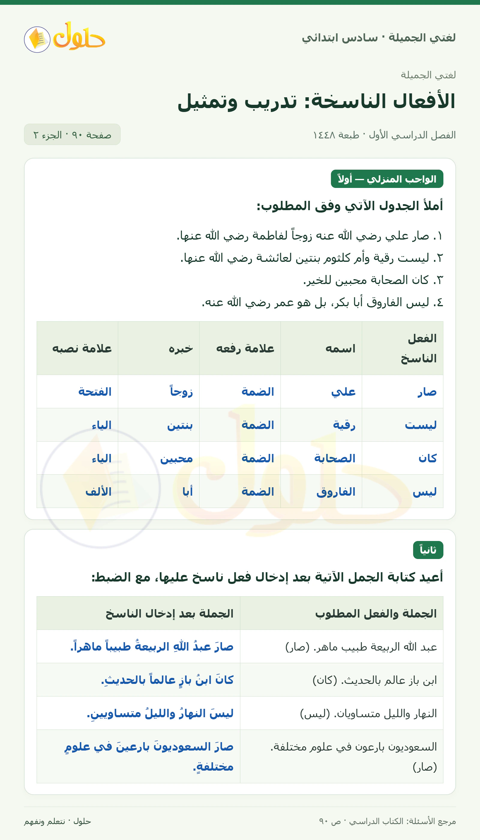 حل لغتي الجميلة للصف السادس الابتدائي صفحة 90: جدول الواجب المنزلي، الجزء 2