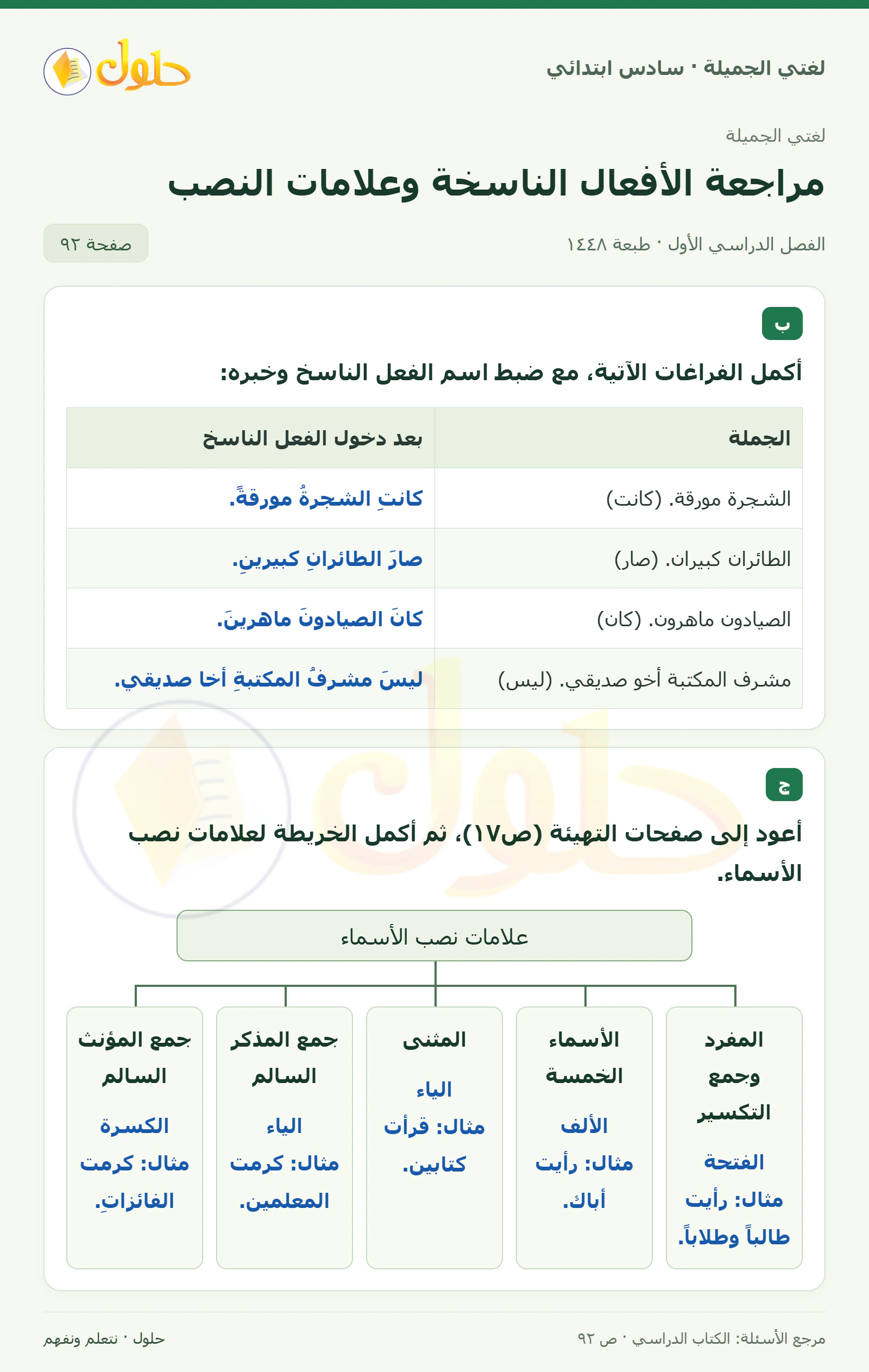 حل لغتي الجميلة للصف السادس الابتدائي صفحة 92: إكمال الجمل الناسخة