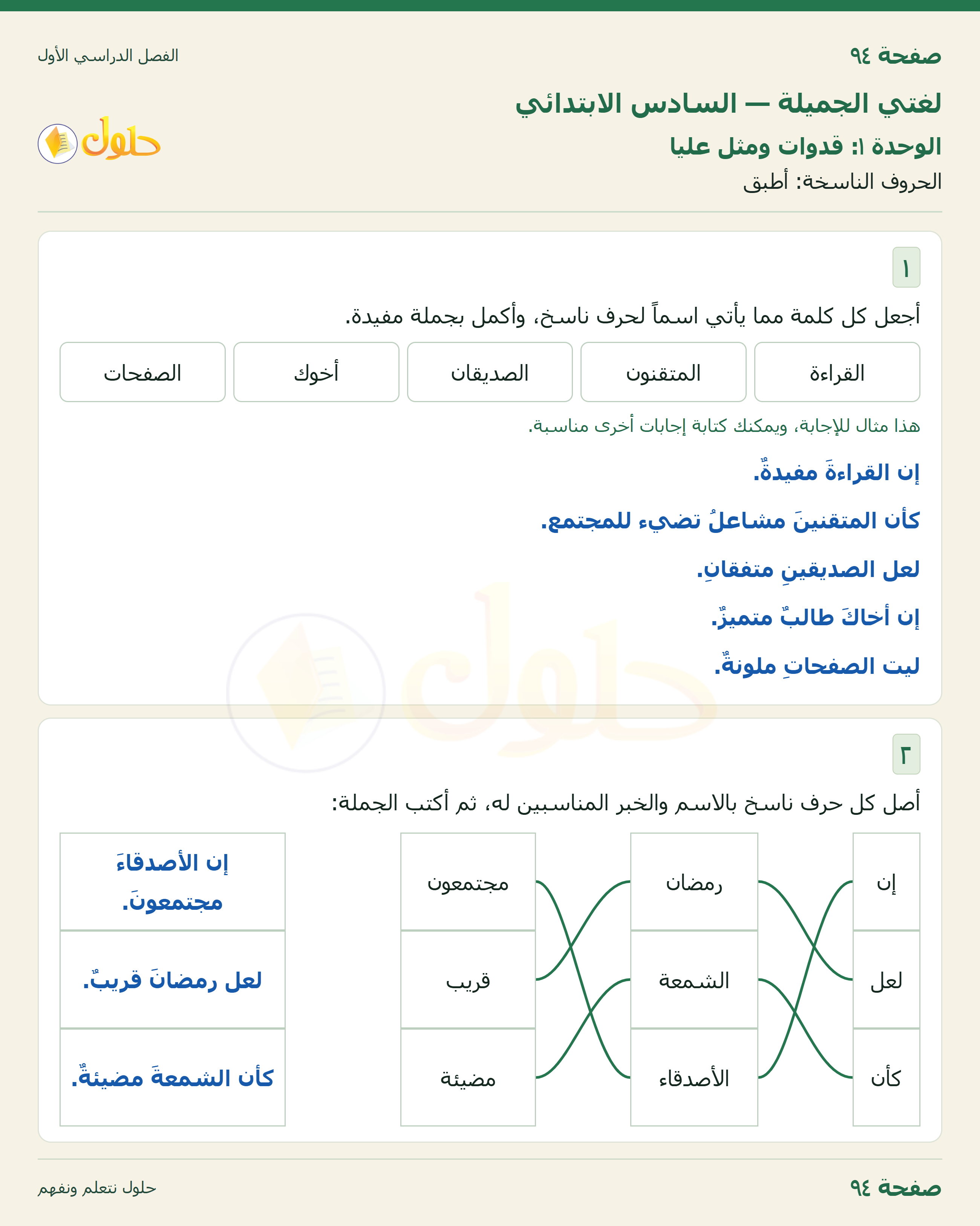 لغتي الجميلة للصف السادس الابتدائي صفحة 94