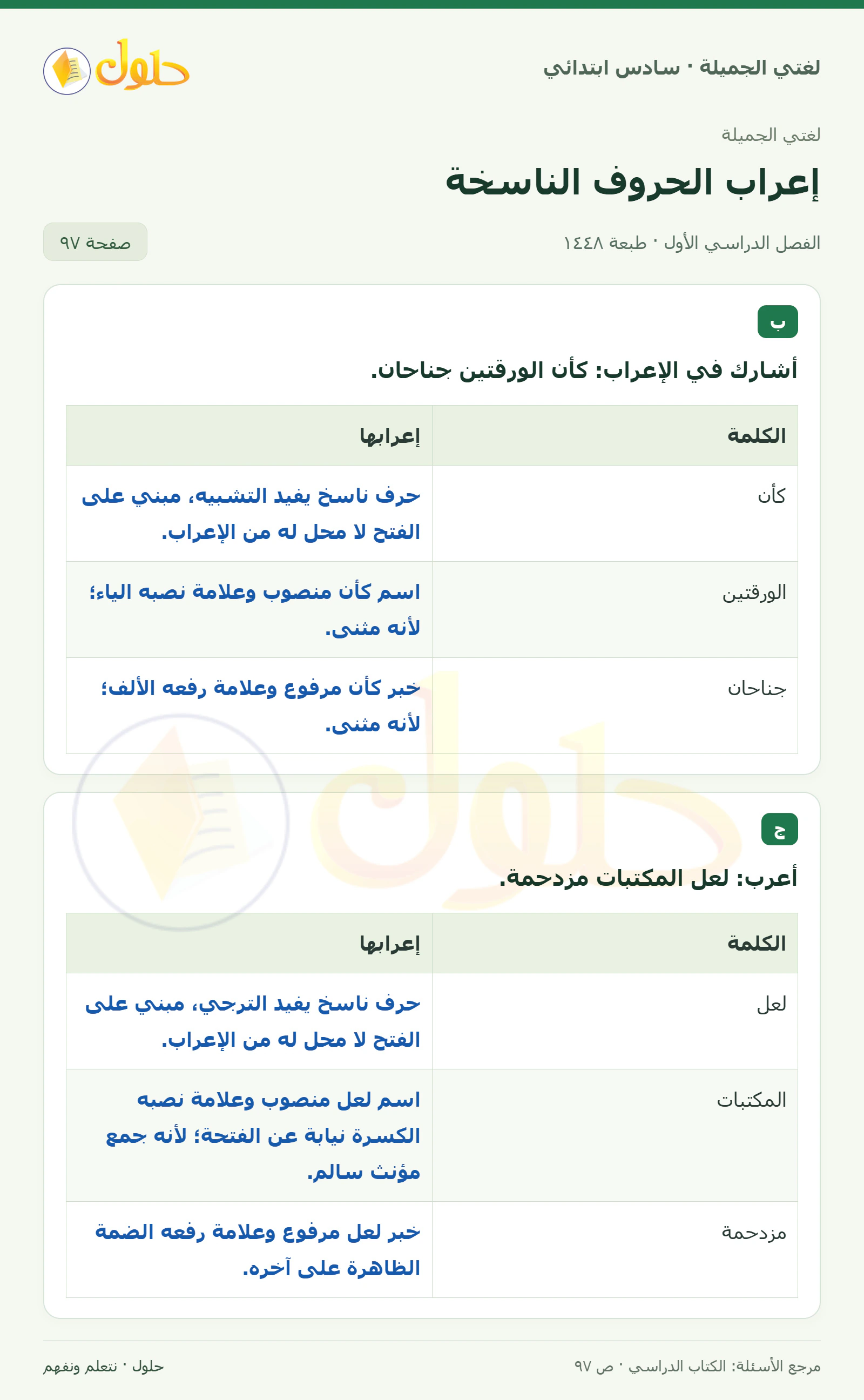 حل لغتي الجميلة للصف السادس الابتدائي صفحة 97: إعراب كأن الورقتين، الجزء 1