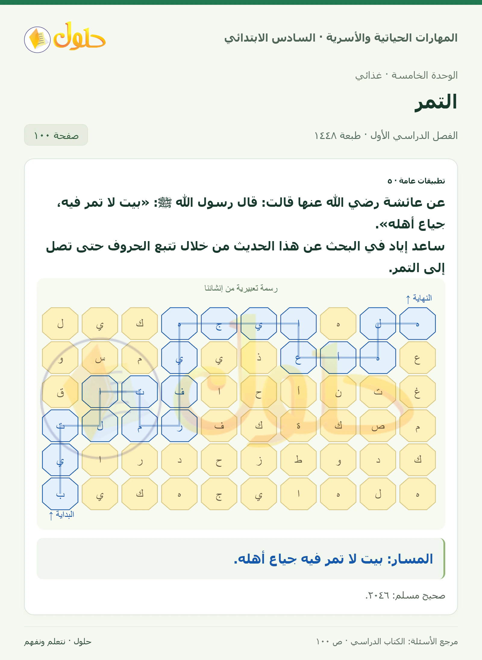 حل تطبيقات عامة: مسار الحديث في المهارات الحياتية والأسرية للصف السادس الابتدائي صفحة ١٠٠