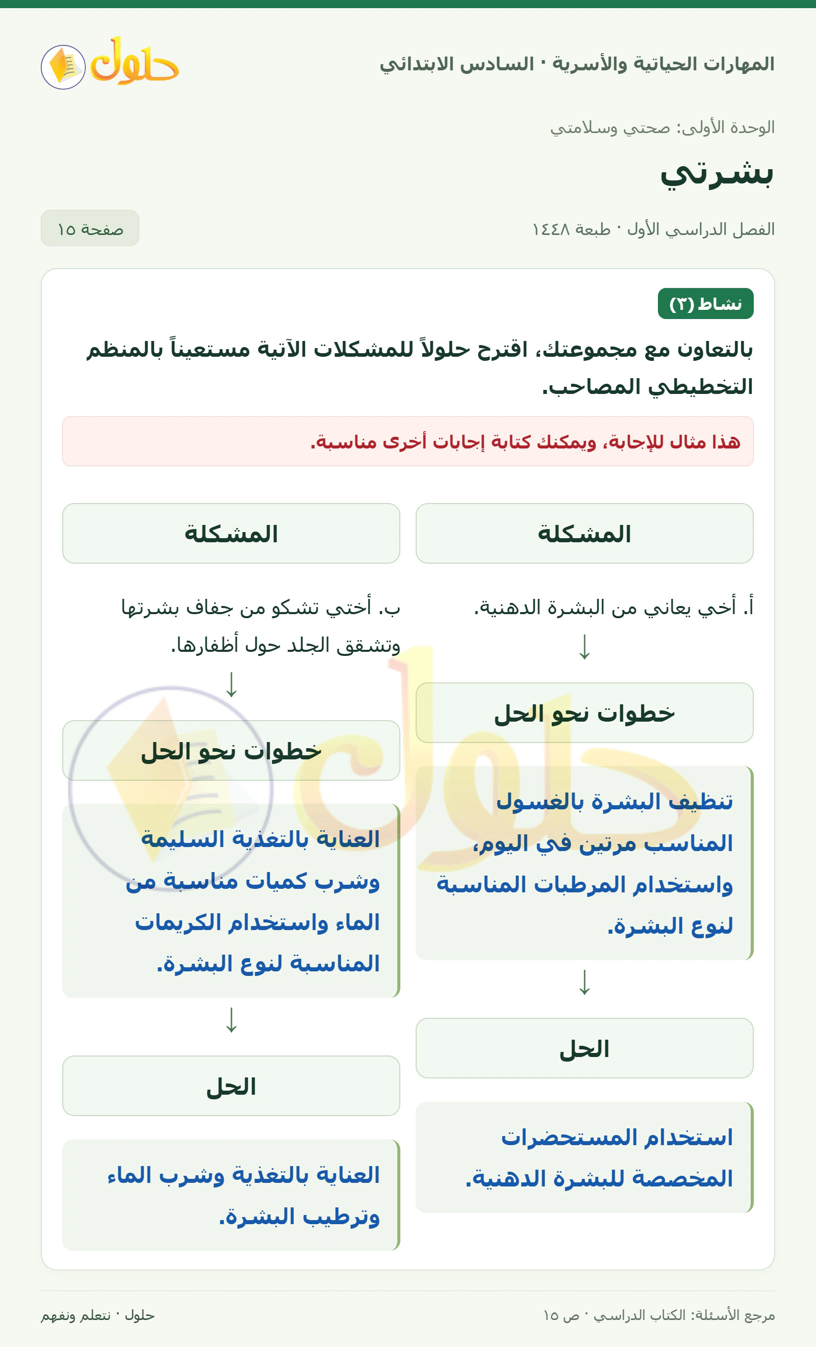 حل حل مشكلات البشرة في المهارات الحياتية والأسرية للصف السادس الابتدائي صفحة ١٥