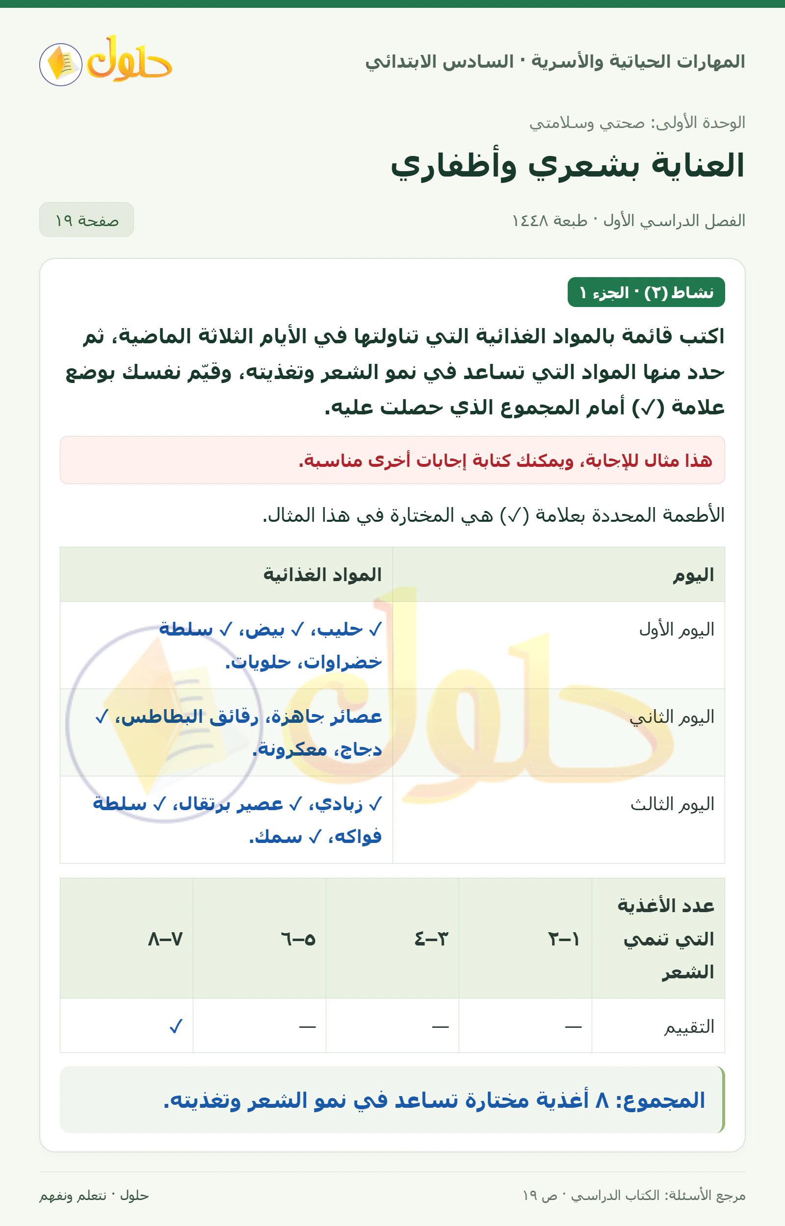 حل غذائي في ثلاثة أيام في المهارات الحياتية والأسرية للصف السادس الابتدائي صفحة ١٩ الجزء ١
