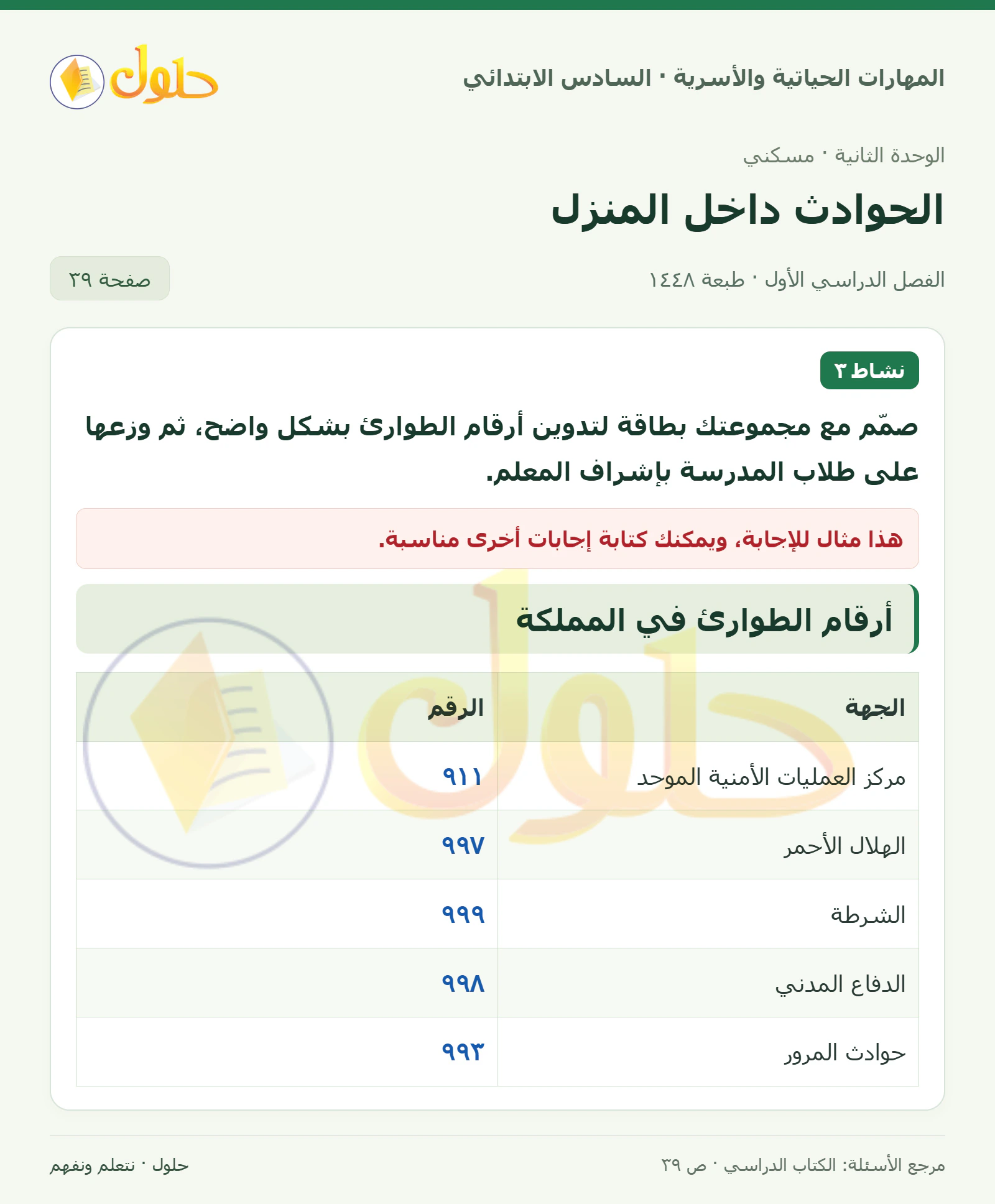 حل بطاقة أرقام الطوارئ في المهارات الحياتية والأسرية للصف السادس الابتدائي صفحة ٣٩