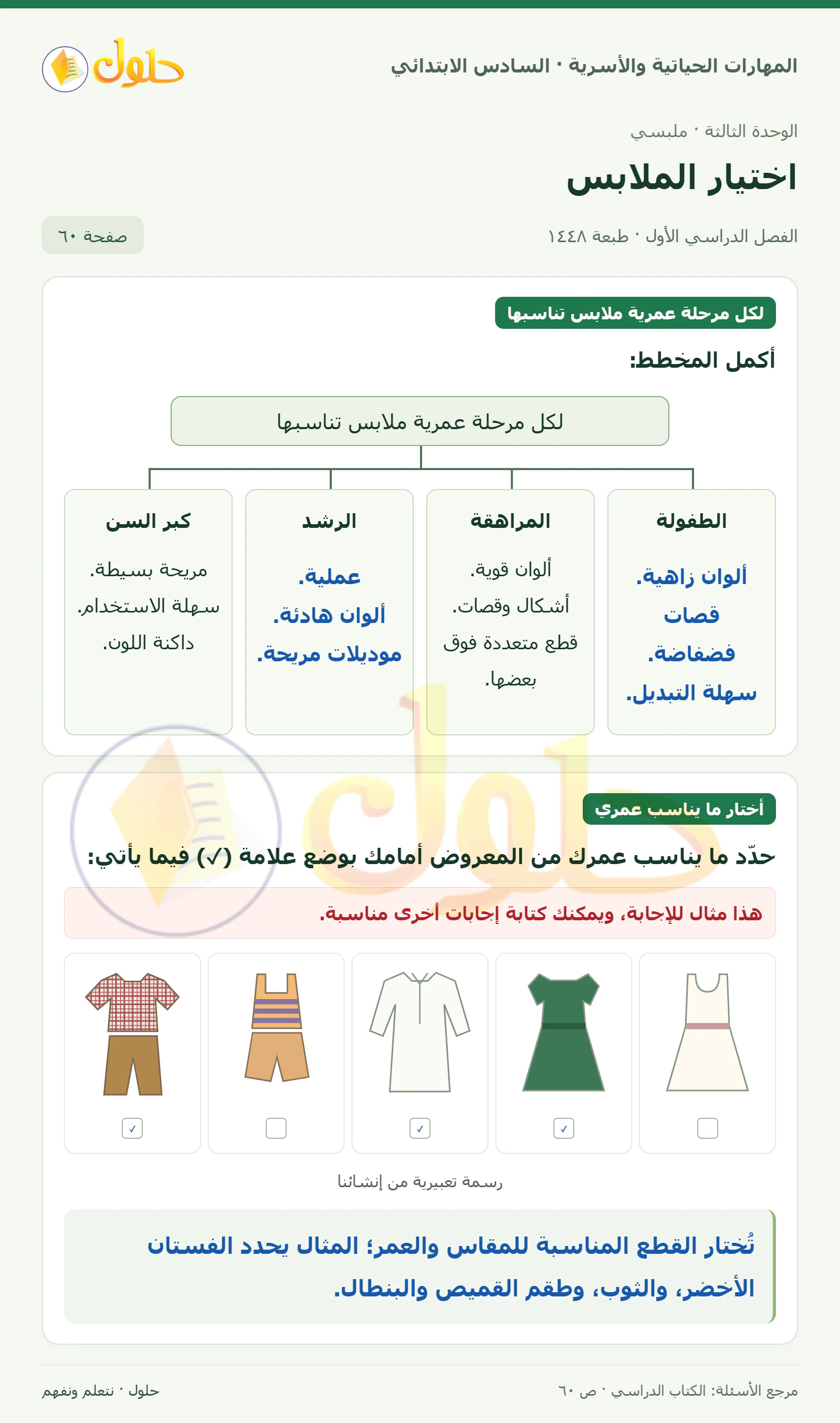 حل مخطط المراحل العمرية واختيار الملابس في المهارات الحياتية والأسرية للصف السادس الابتدائي صفحة ٦٠
