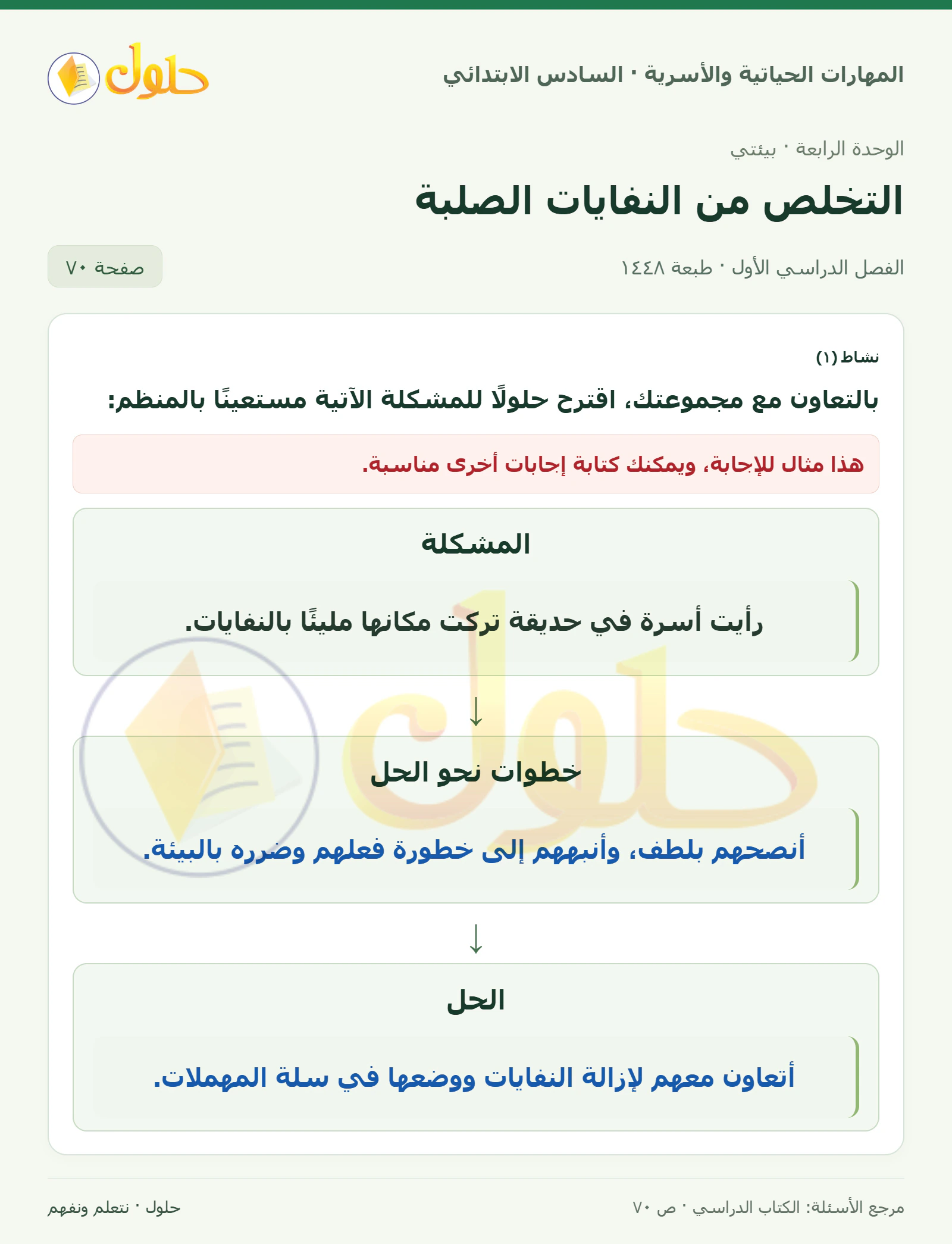 حل نشاط ١: مشكلة وحل في المهارات الحياتية والأسرية للصف السادس الابتدائي صفحة ٧٠